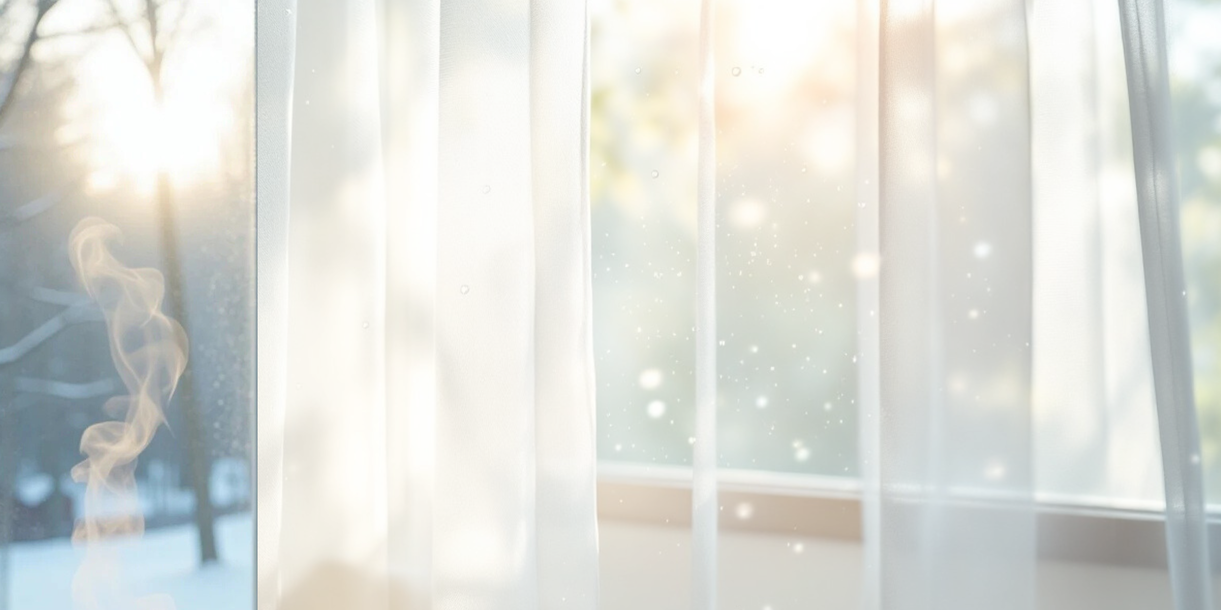 A window with sheer white curtains, sunlight streaming through, with rising steam from a cup of tea near the curtains on the left side representing a peaceful room for reflection and emotional relief at Sagelight Counseling Studio.