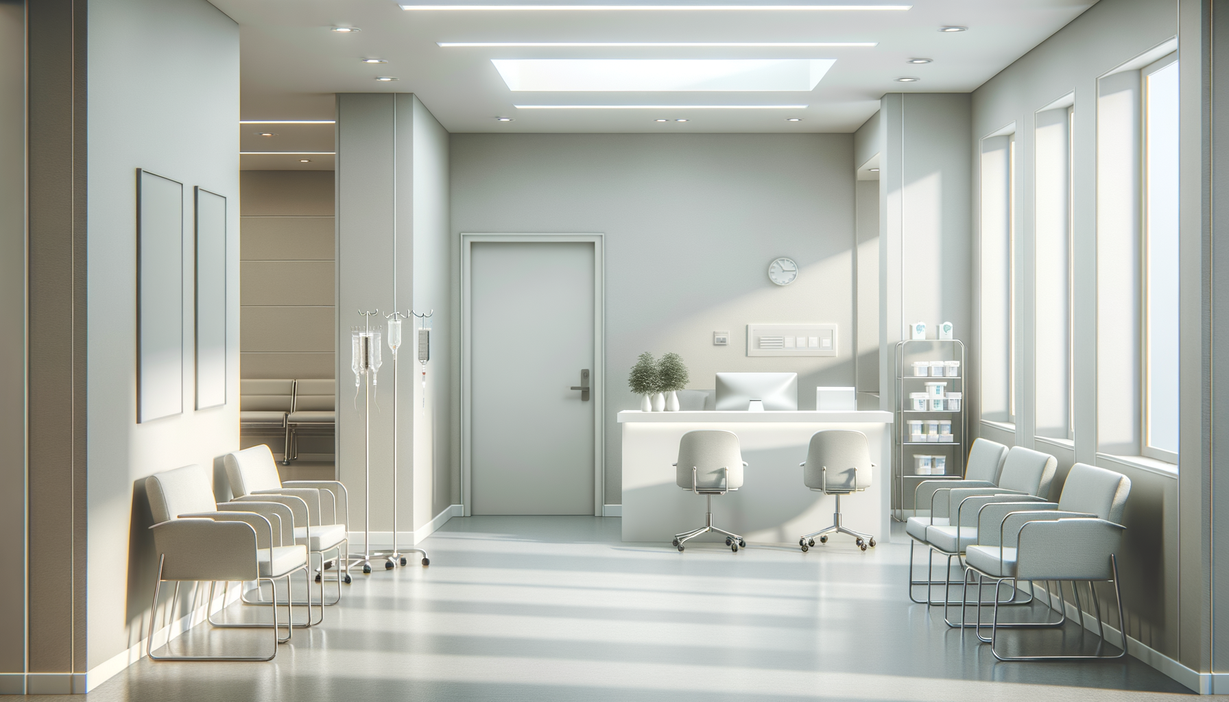 Empty hospital reception area with white walls, rows of white chairs, a white reception desk with a computer and potted plants, and medical equipment including IV stands. Sunlight streams through large windows.
