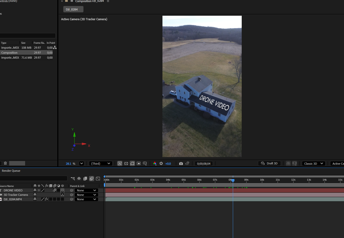 An aerial drone view of a house in a rural area with open fields and trees, with a large sign on the roof that says 'DRONE VIDEO'.