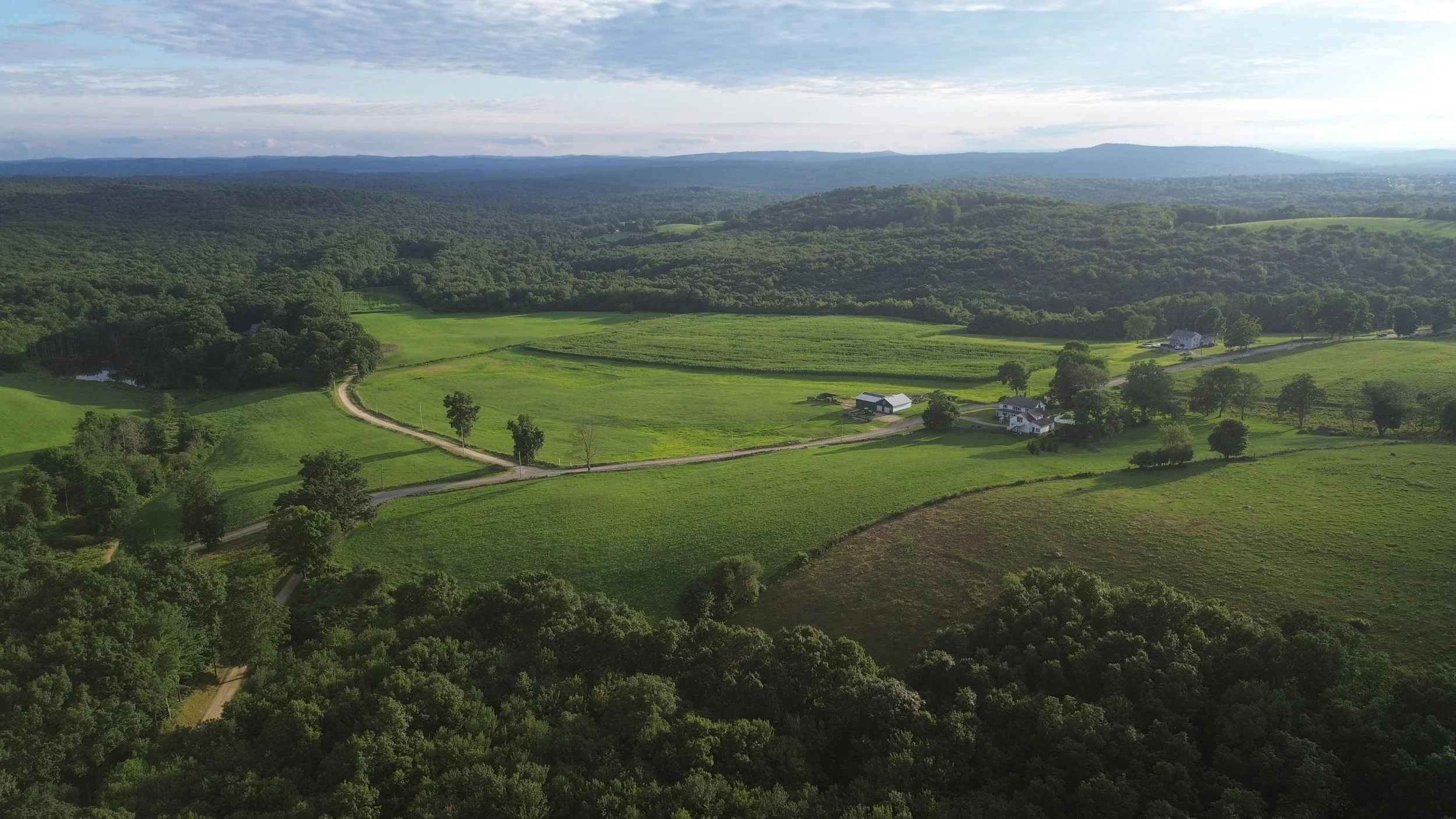 Aerial view of a rural landscape with green fields, trees, a few houses, and a barn, with rolling hills and a cloudy sky in the background.