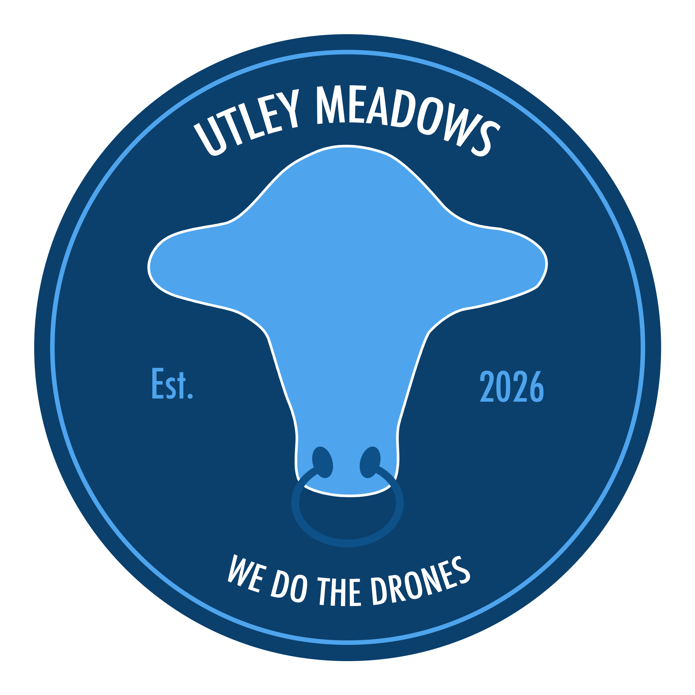 Badge with the text 'Uiteley Meadows', 'Est. 2026', and 'We Do The Drones' in white on a blue background.
