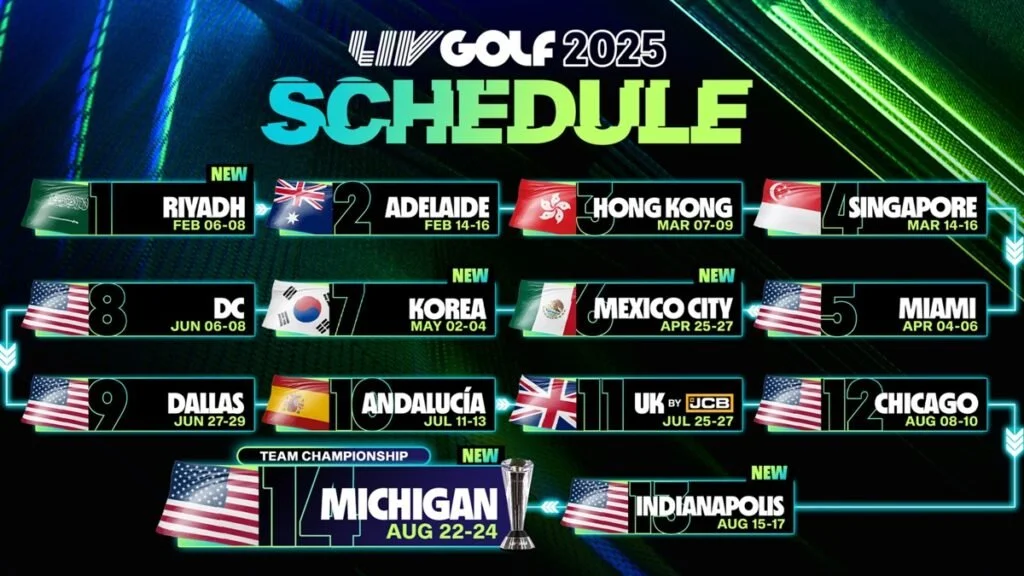 2025 LIV Golf schedule showing tournament locations and dates from February to August, including Riyadh, Adelaide, Hong Kong, Singapore, Washington D.C., Korea, Mexico City, Miami, Dallas, Andalucía, UK, Chicago, Michigan, and Indianapolis. ARCY