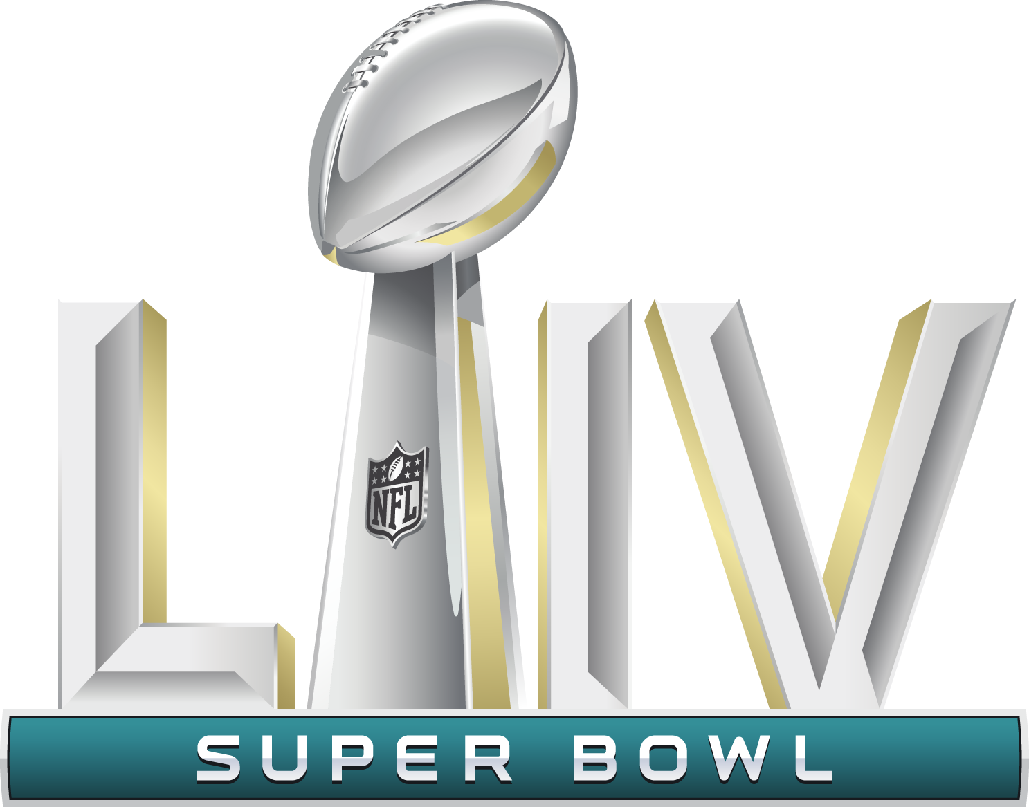 The image features a replica of the Vince Lombardi Trophy leaning against large gold and silver letters spelling 'LIVE' with the NFL logo on the trophy, and a blue banner at the bottom with the text 'SUPER BOWL'.