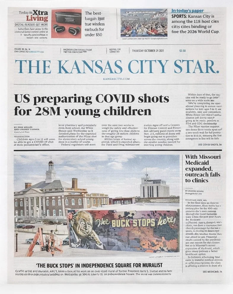 Front page of The Kansas City Star newspaper dated October 21, 2021, featuring a headline about COVID-19 vaccinations for children, an image of a mural of former President Harry S. Truman, ARCU