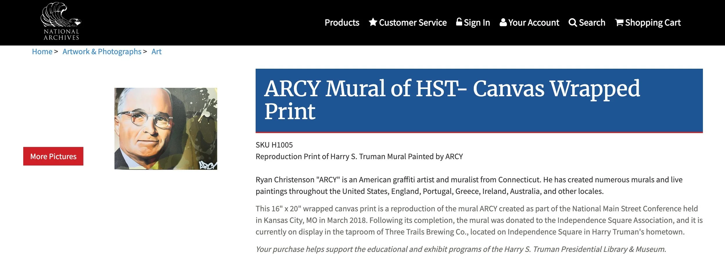 Reproduction print of Harry S. Truman painted by ARCY, showing a portrait of Truman with glasses against a background with splashes of paint.