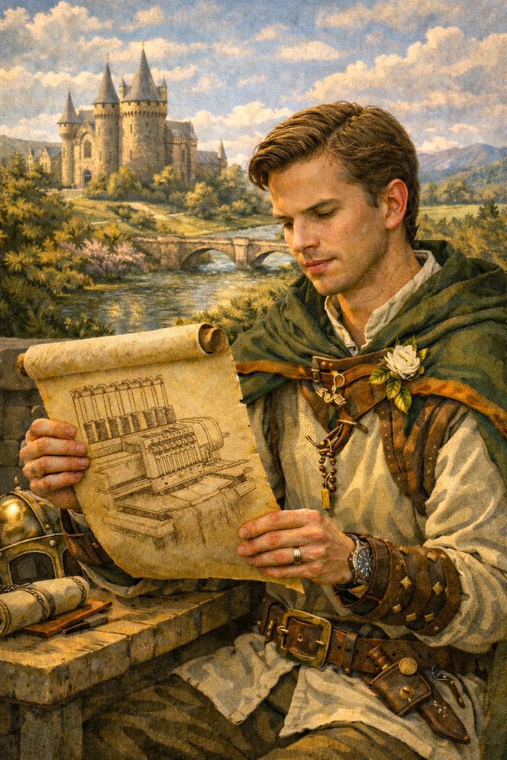 A man in medieval-style clothing holding a parchment with a detailed drawing of old machinery, with a castle in the background.
