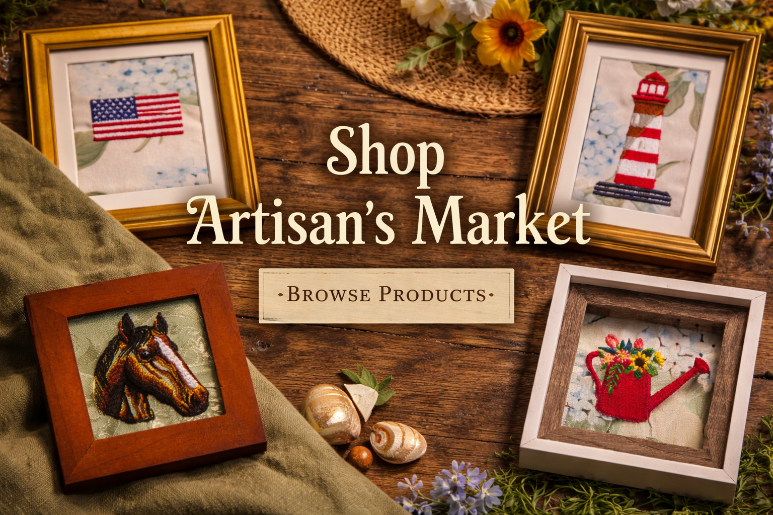 Decorative framed cross-stitch art featuring an American flag and a lighthouse, surrounded by seashells, flowers, and fabric on a wooden surface with the text "Shop Artisan's Market Browse Products" overlayed.