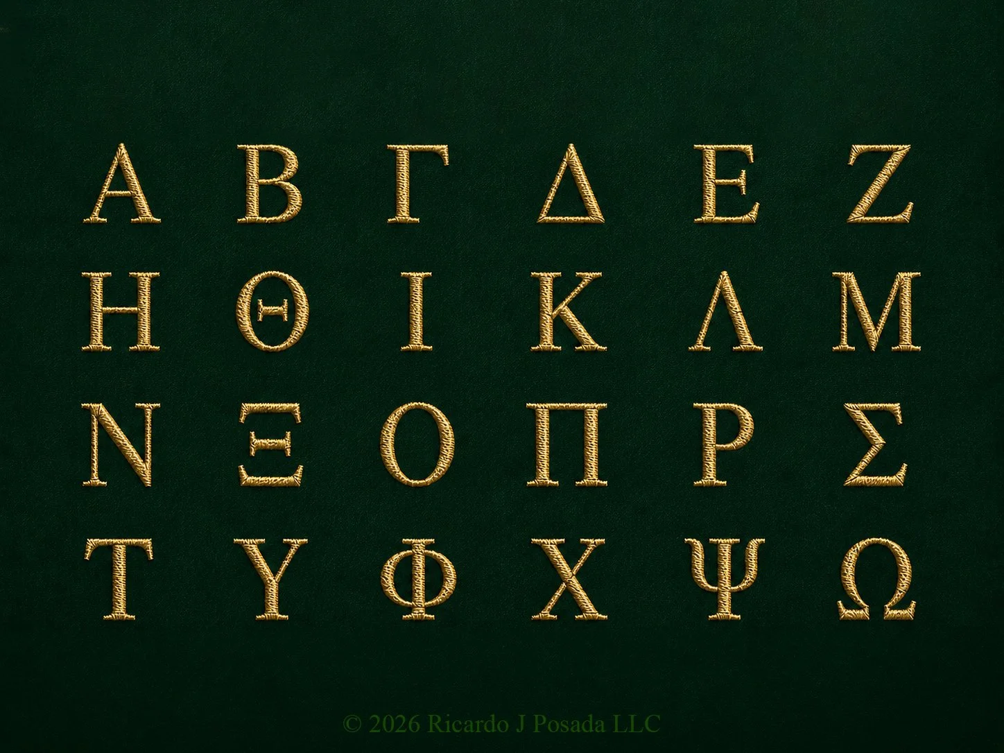 Gold Greek alphabet letters arranged in rows on a green background.