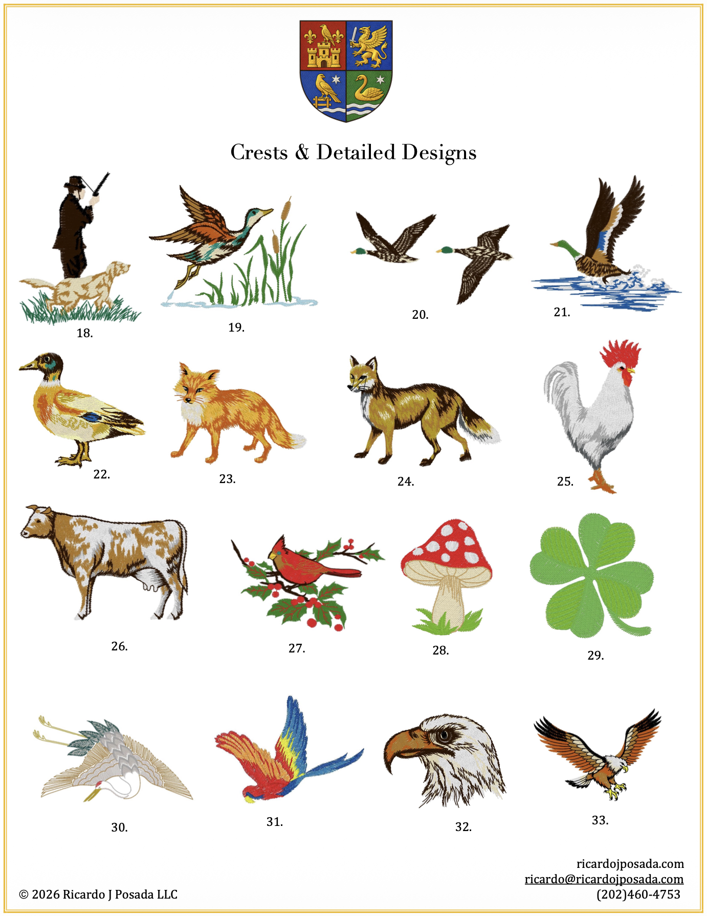 A chart displaying various crest and detailed embroidery designs of animals and symbols, including birds like ducks, a fox, a wolf, a rooster, a cow, a cardinal, a hawk, and a bald eagle, as well as a four-leaf clover, a mushroom, and a holly branch, with a coat of arms at the top.