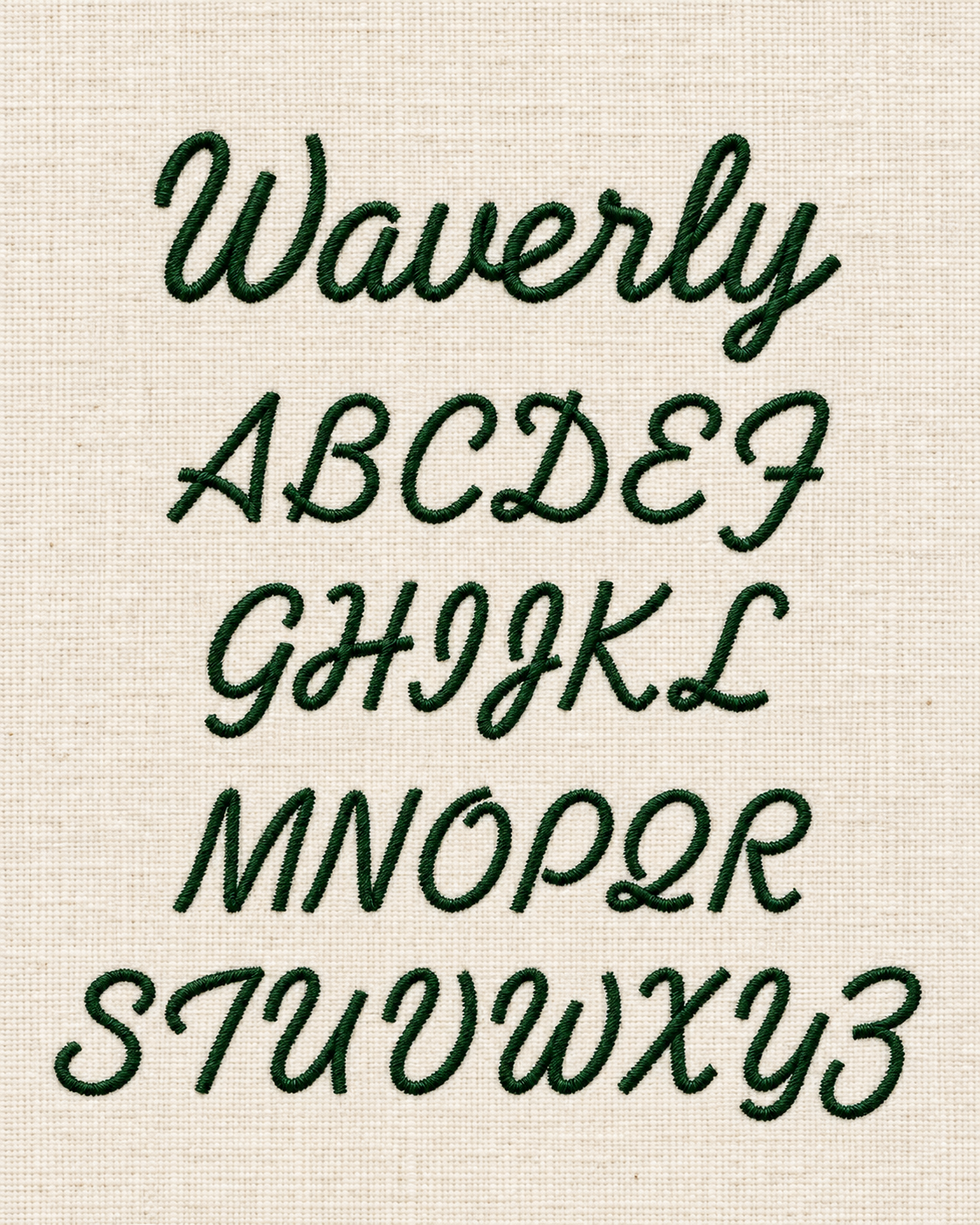 Embroidery of the alphabet in cursive and print styles on fabric