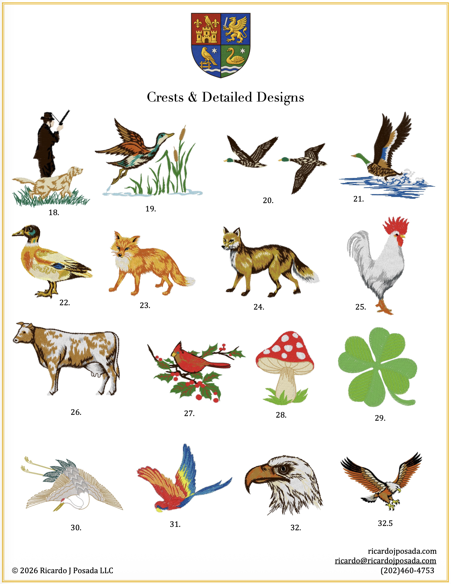 A collection of detailed crests and embroidery designs featuring various animals, birds, plants, and a coat of arms at the top center.