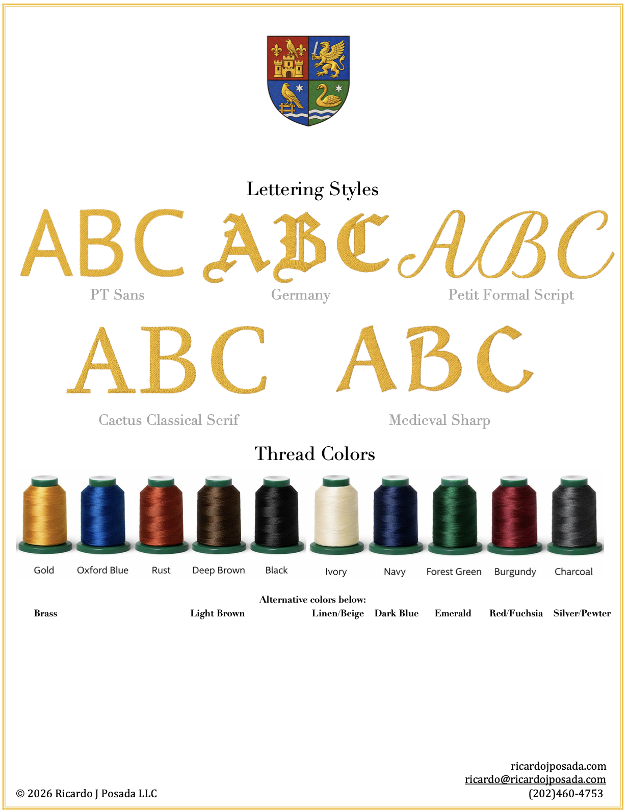 Chart displaying various lettering styles and thread colors. Lettering styles include PT Sans, Germany, Petit Formal Script, Cactus Classical Serif, and Medieval Sharp. Thread colors shown are gold, Oxford blue, rust, deep brown, black, ivory, navy, forest green, burgundy, and charcoal, with alternative colors listed below.