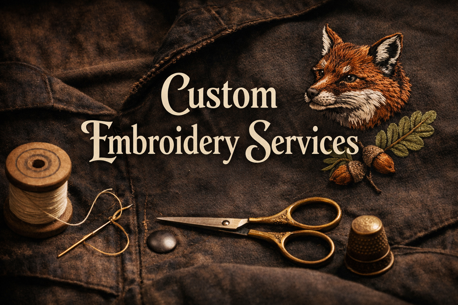Embroidery shop sign with embroidered fox head, spool of thread, embroidery needle, scissors, thimble, and leaf design on dark fabric background.