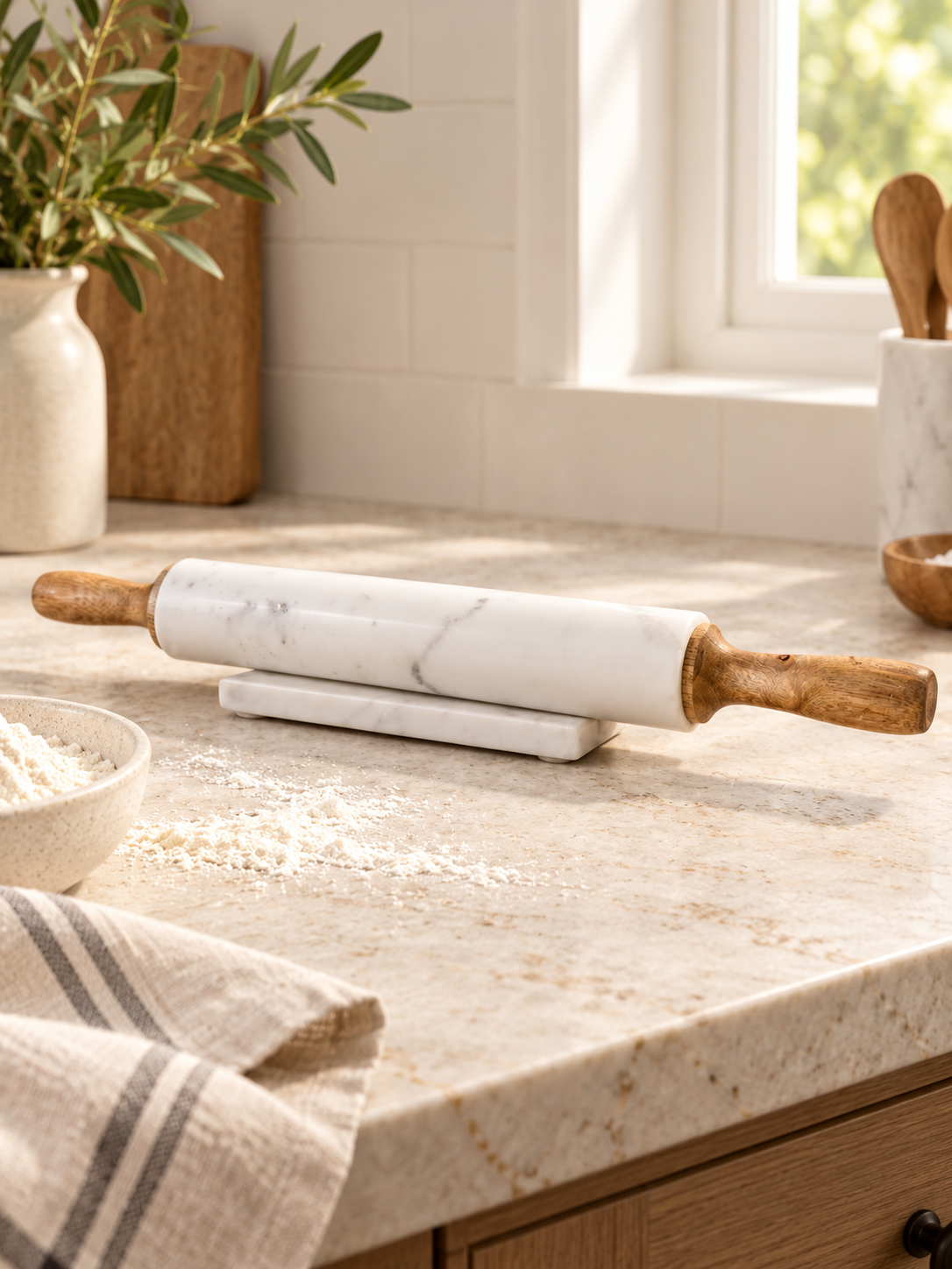White Marble & Mango Wood Rolling Pin with Stand