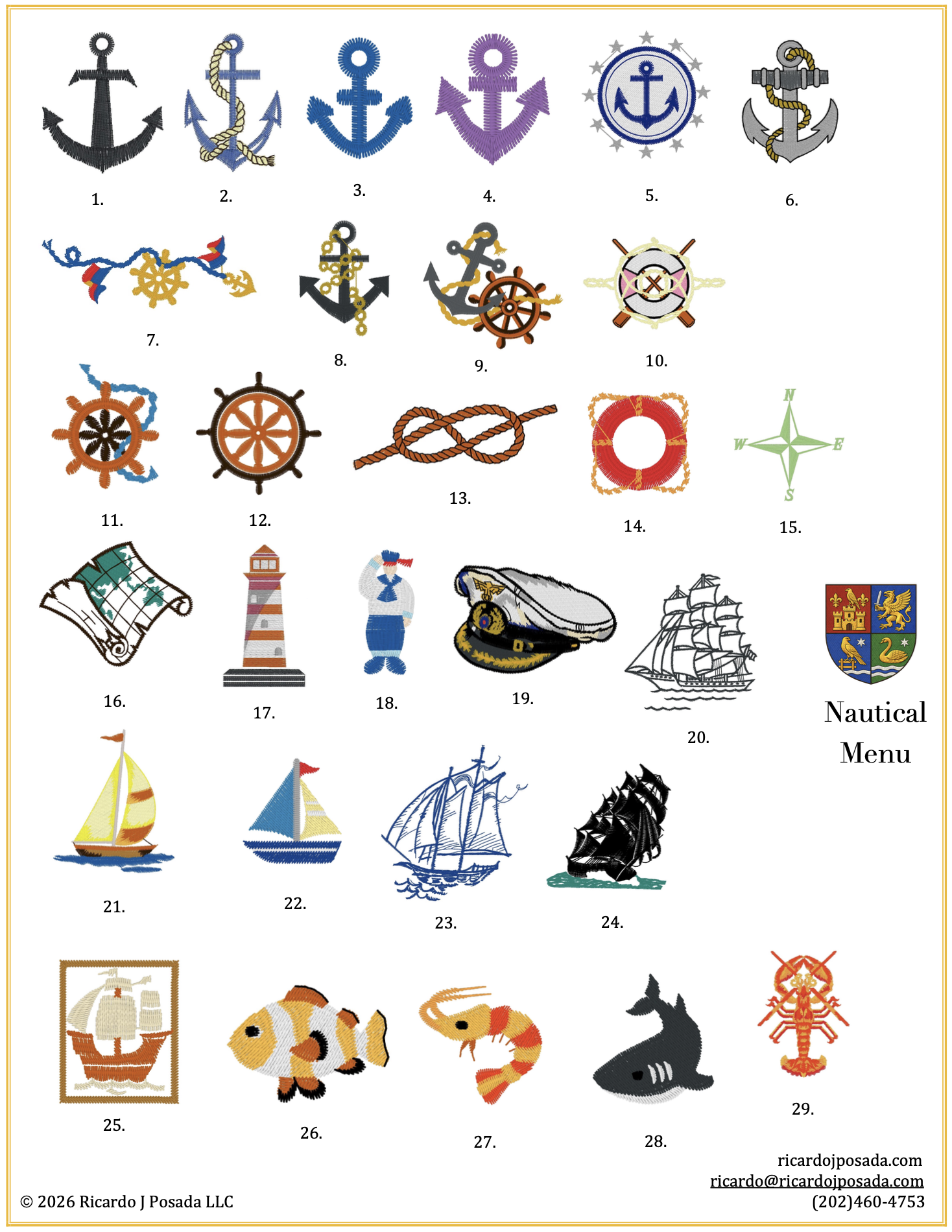 Collection of nautical-themed embroidered patches including anchors, ship wheels, lighthouses, boats, and a nautical shield, with a label saying 'Nautical Menu'.