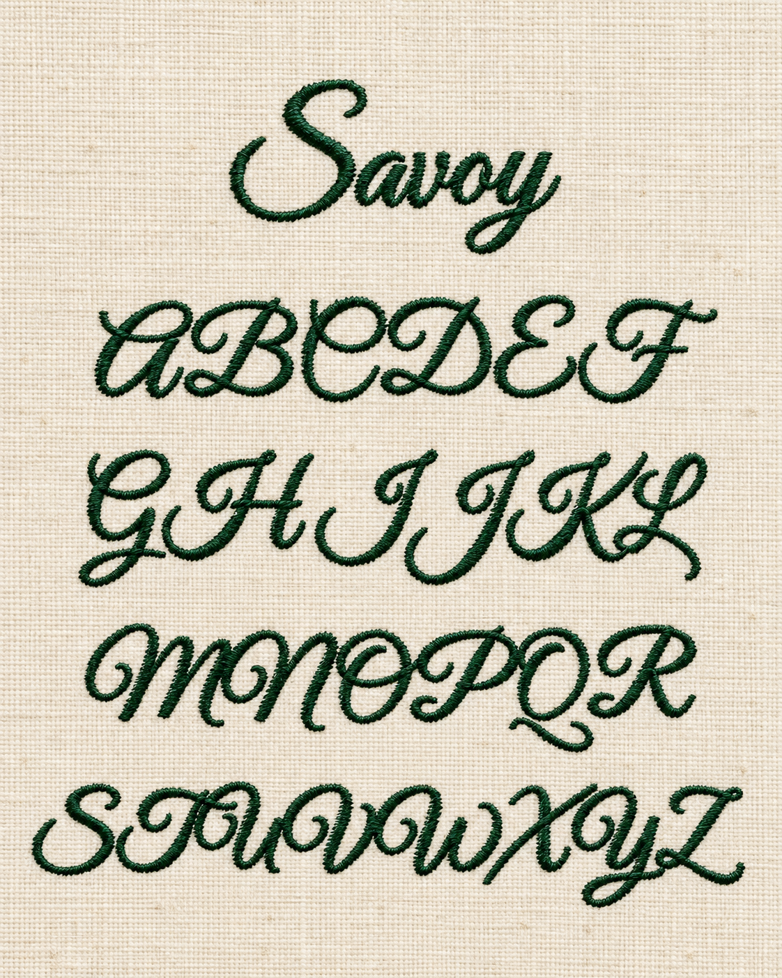 Embroidery of the alphabet in cursive script on fabric, with the word 'Savoy' at the top.