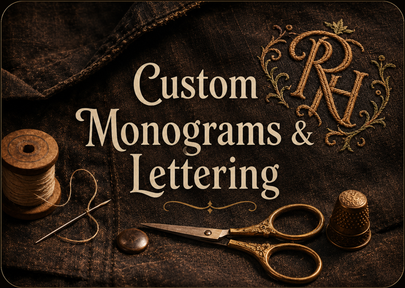 Close-up of a dark fabric with gold embroidery, vintage sewing tools including scissors, a thimble, a spool of thread, and a needle with thread. Overlaid text reads 'Custom Monograms & Lettering'.