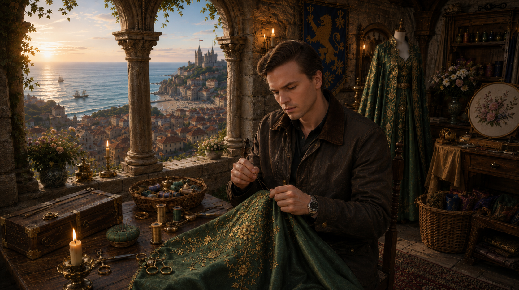 A young man sewing green fabric with gold floral embroidery at a wooden table surrounded by sewing tools and gold candlesticks in a room with large windows overlooking a coastal city and castle at sunset.