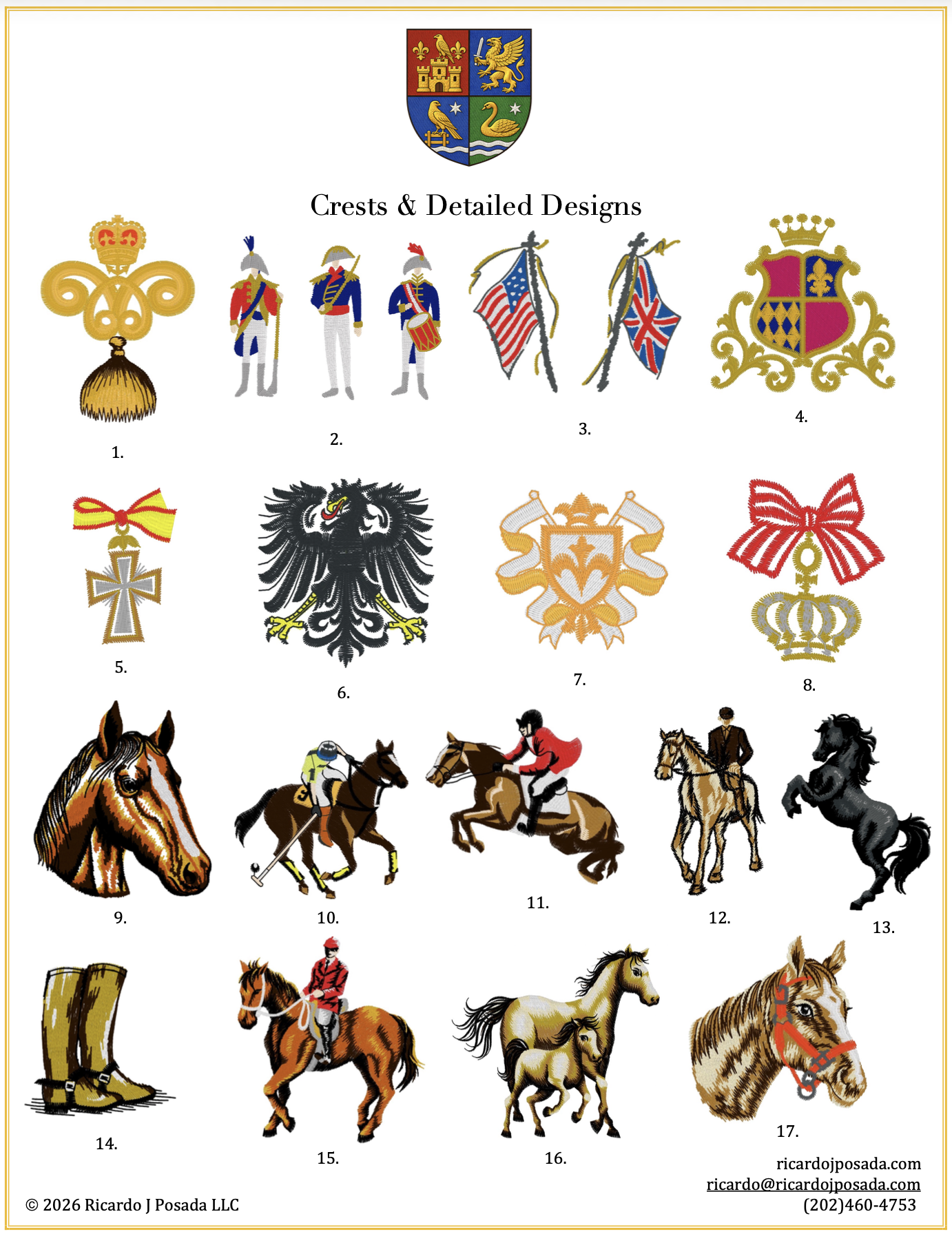 Illustration of various crests, flags, and symbols related to British and American heritage, including military and regal insignia, as well as images of horses and riding gear.