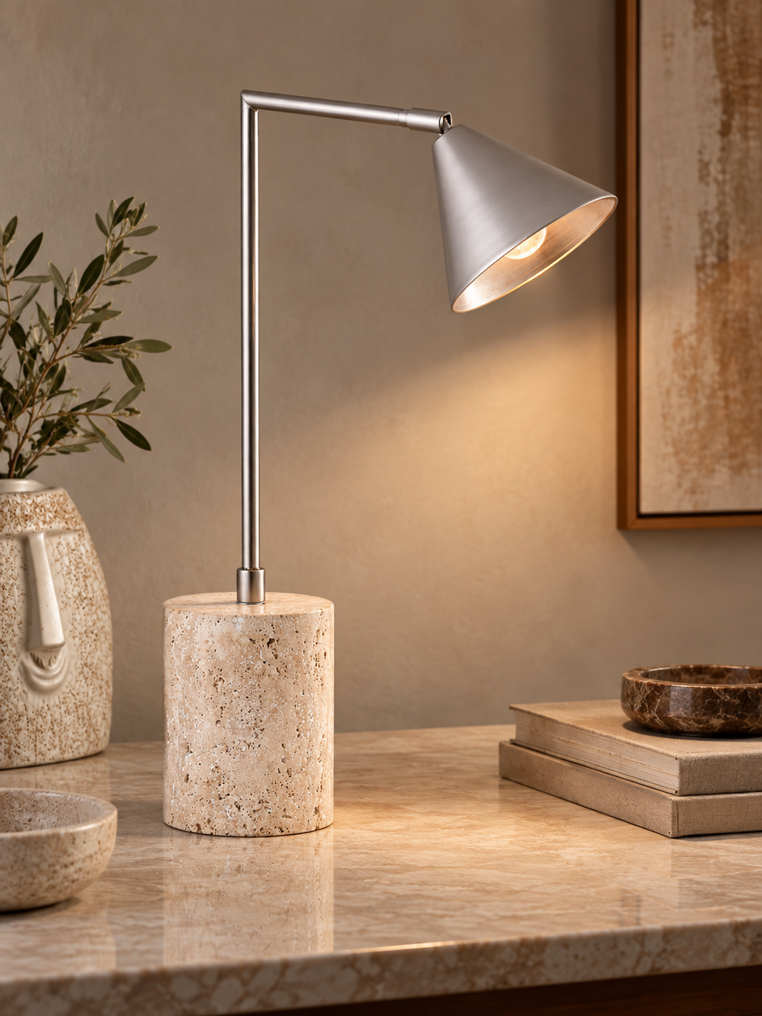 Brushed Nickel Desk Lamp with Travertine Base