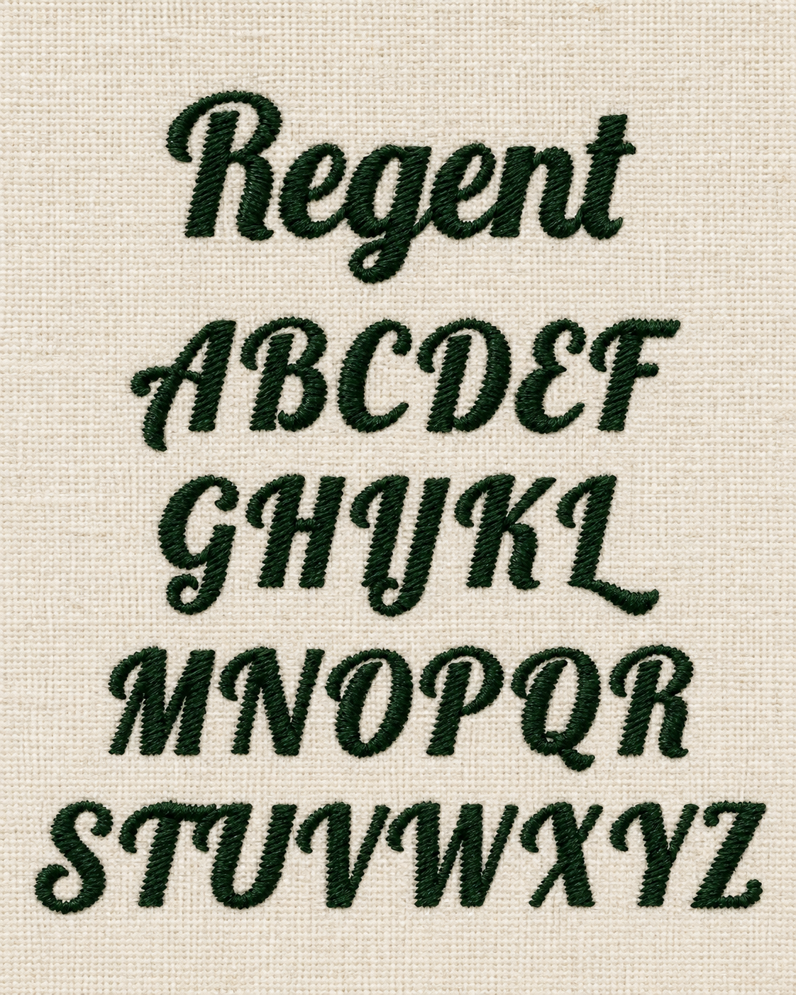 Embroidery of the alphabet in cursive style in dark green thread on beige fabric background.