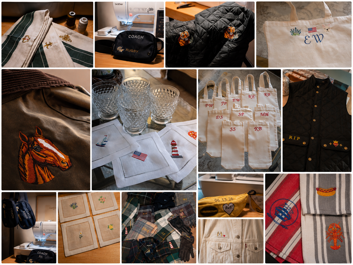Collage of home textiles, clothing, and accessories, including embroidered towels, embroidered jackets, quilted vests, tote bags, cutlery, glassware, embroidered napkins, carry bags, plaid clothing, and sewing equipment.