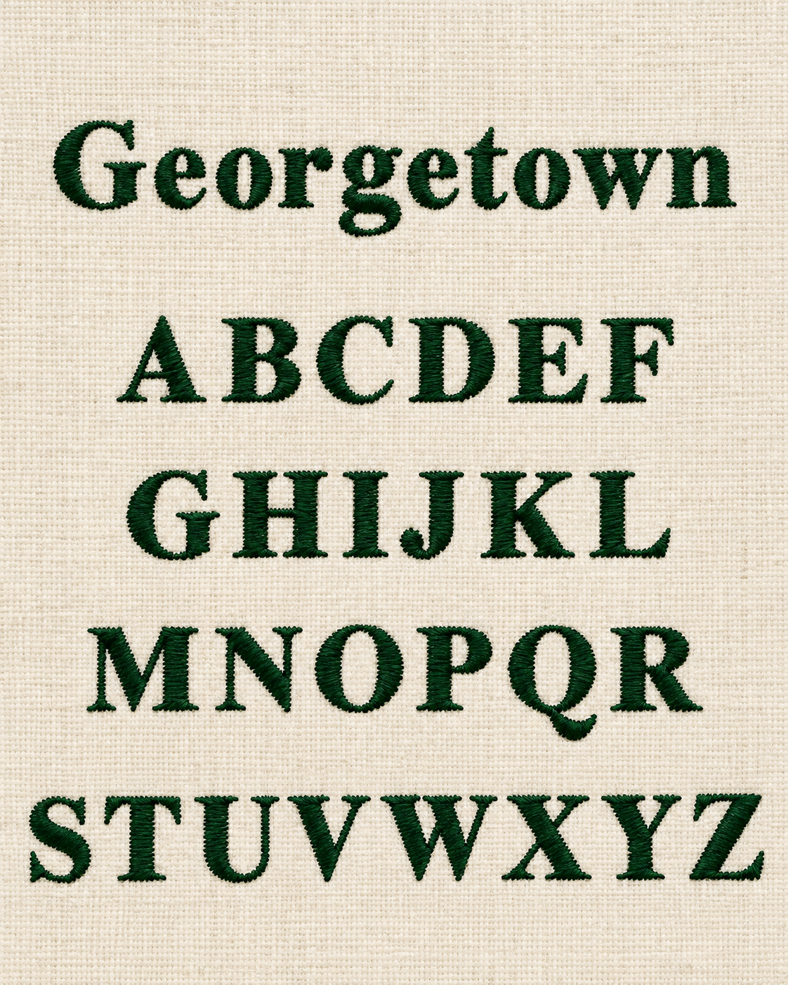 Embroidery pattern featuring the alphabet in uppercase letters on a beige fabric background.
