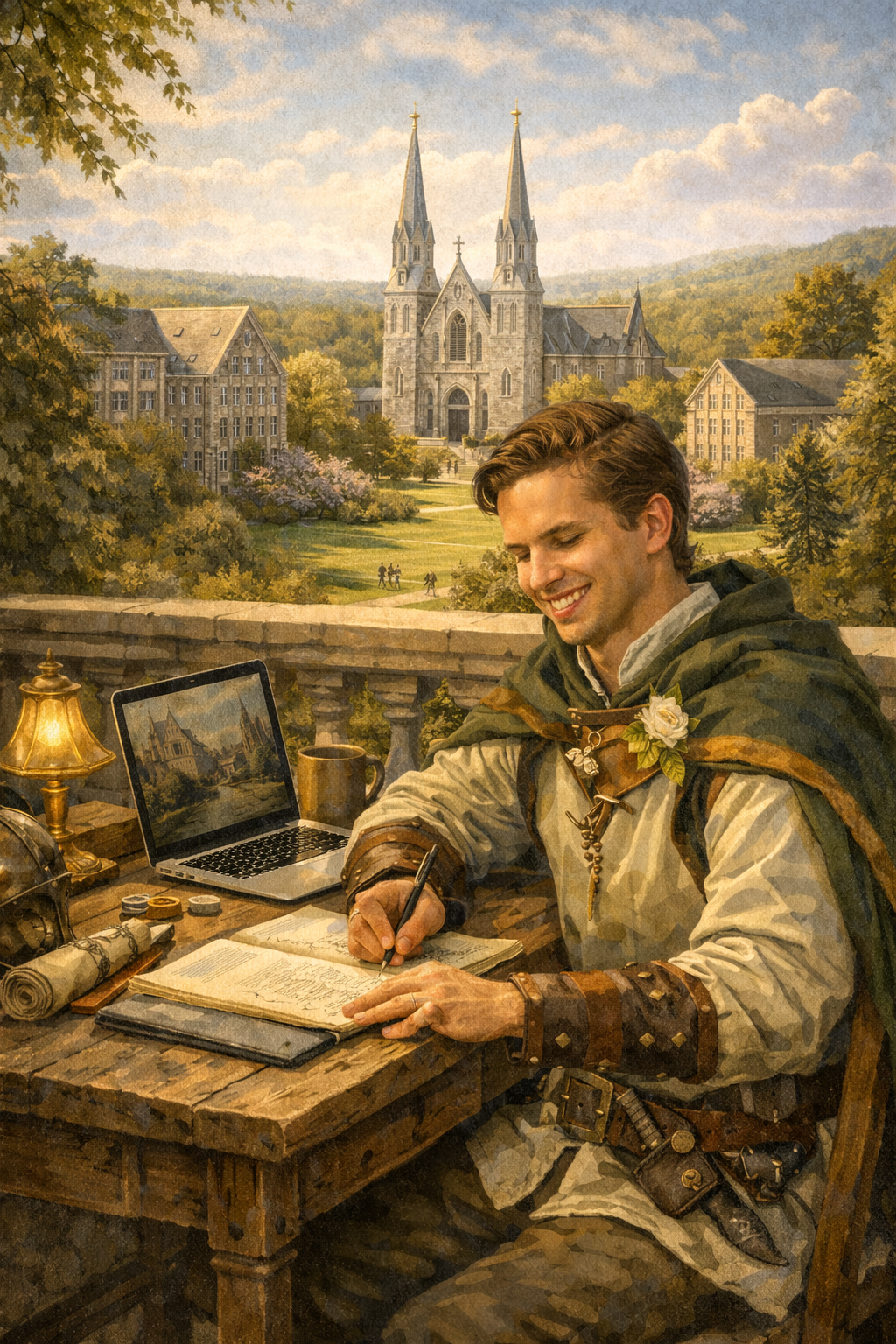 A young man in medieval-inspired clothing sitting at a wooden desk outdoors on a balcony, writing on paper, with a medieval cityscape and a church with twin spires in the background.