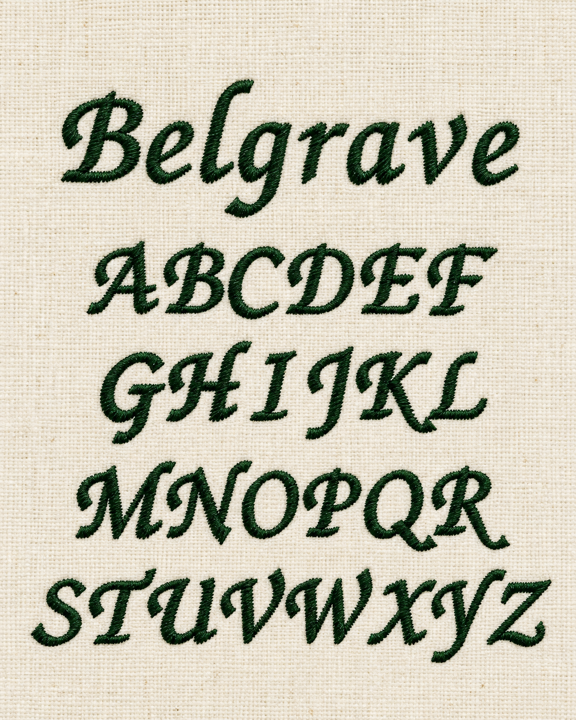 Embroidery of the alphabet in cursive style on fabric, starting with 'Belgrave' at the top.