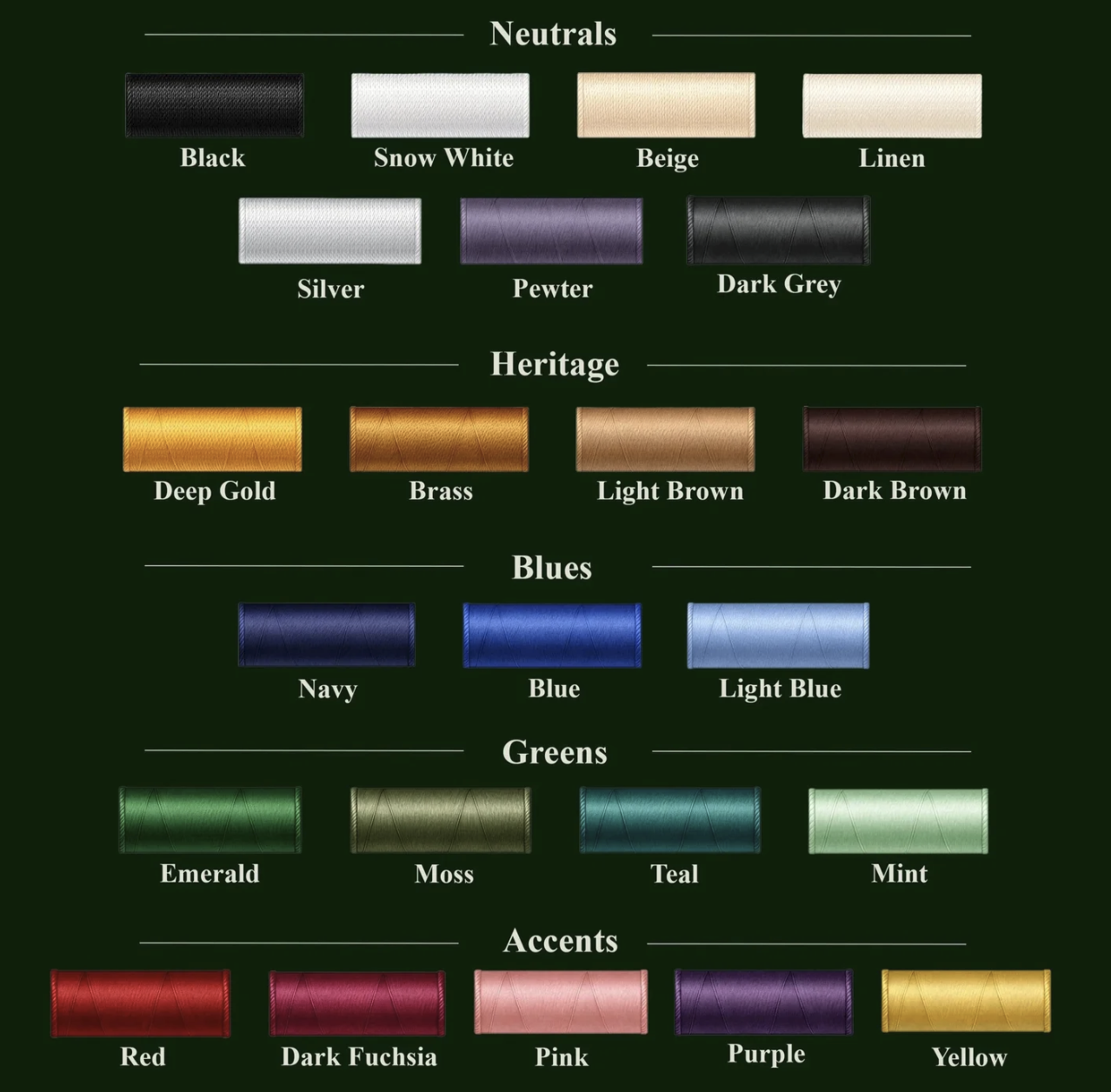Color chart showing different shades categorized as Neutrals, Heritage, Blues, Greens, and Accents. Neutrals include Black, Snow White, Beige, Linen, Silver, Pewter, and Dark Grey. Heritage includes Deep Gold, Brass, Light Brown, and Dark Brown. Blues include Navy, Blue, and Light Blue. Greens include Emerald, Moss, Teal, and Mint. Accents include Red, Dark Fuchsia, Pink, Purple, and Yellow.