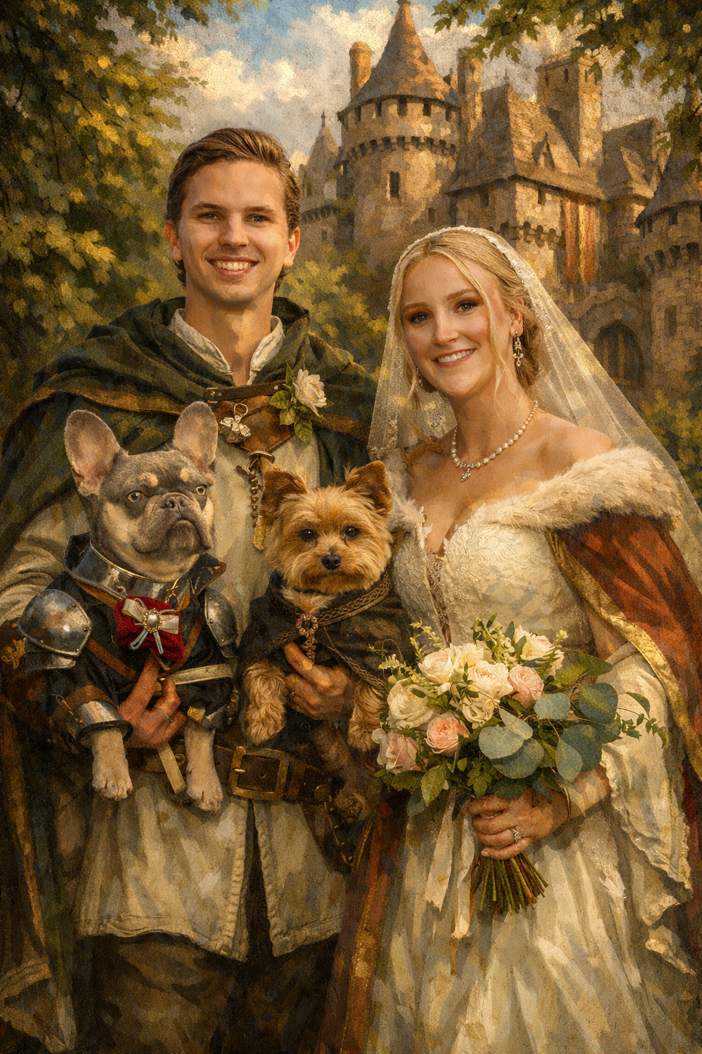A man and woman dressed as medieval royalty or nobility, standing outdoors with a castle in the background. The man is in a medieval costume with a cape and chainmail, and the woman is in a gown with a veil, holding a bouquet of flowers. They are accompanied by two dogs dressed in medieval-themed costumes.