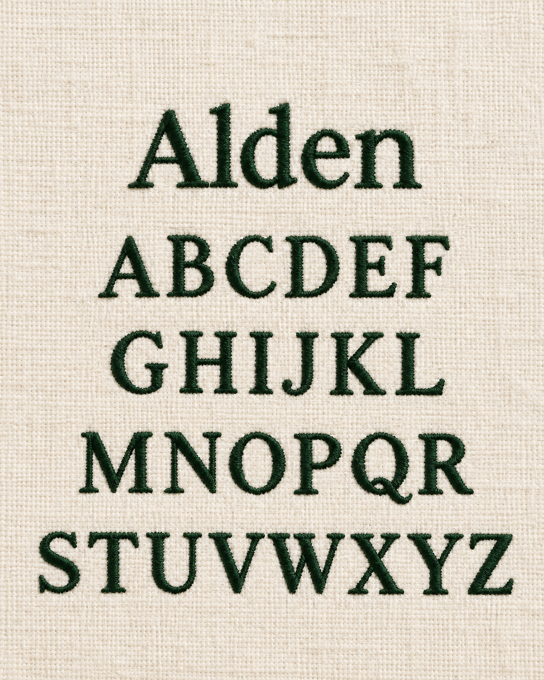 Embroidery of the name 'Alden' and the alphabet in uppercase letters on a beige fabric background.