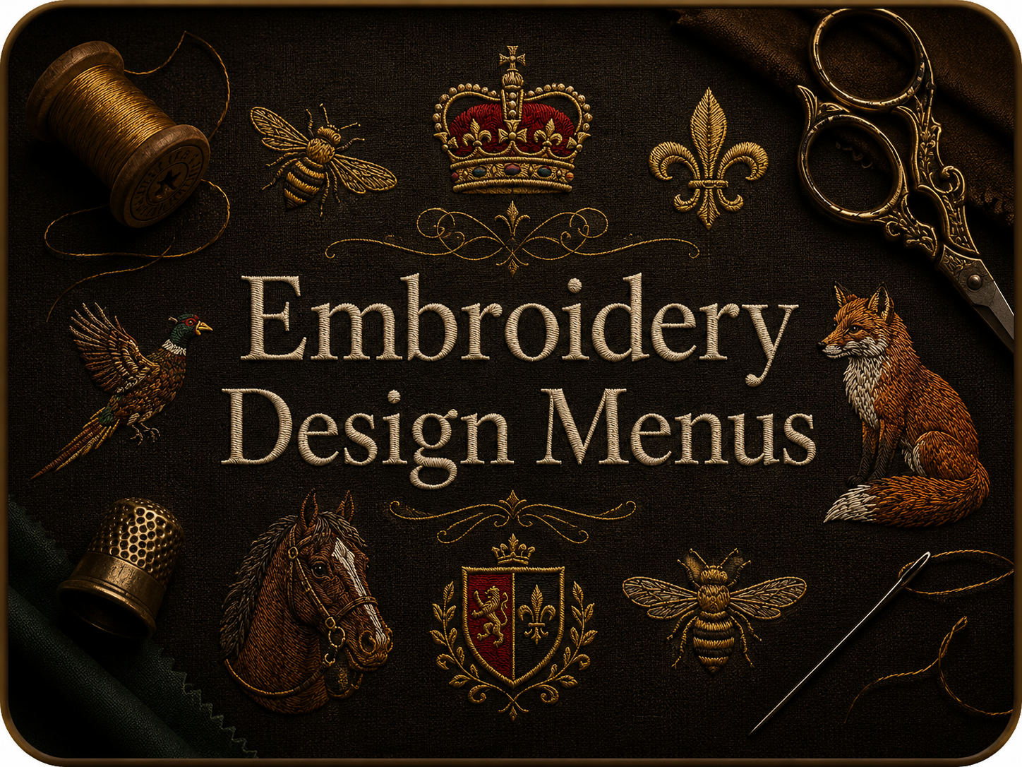 Embroidery design menu with gold and embroidered patches of crown, bee, fleur-de-lis, fox, horse head, shield, dagger, and insects, along with sewing tools and gold thread.