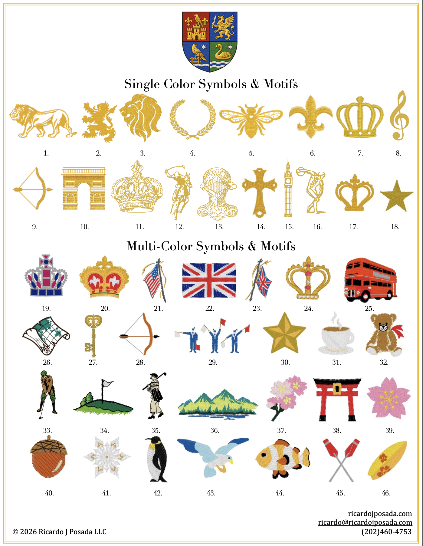 Chart displaying various single-color and multi-color symbols and motifs, including national emblems, animals, cultural icons, and flags, with a coat of arms at the top.