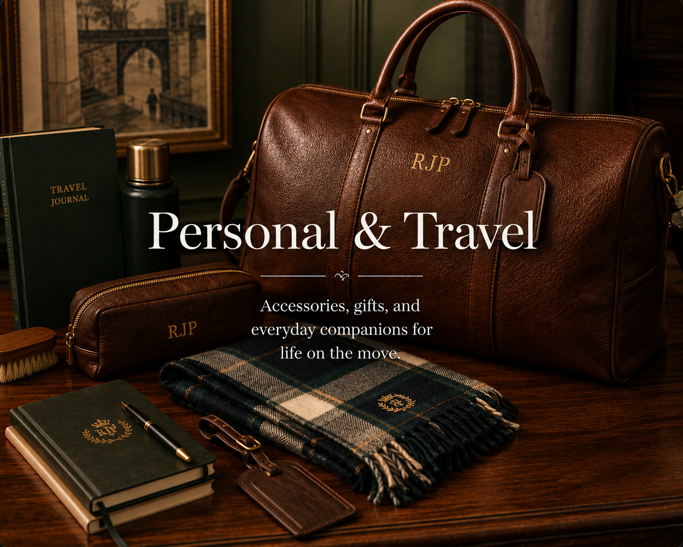 A collection of travel accessories, including a brown leather duffel bag with gold hardware, a matching leather pencil case, a green travel journal with a black pen, a plaid scarf, a small brush, a reusable water bottle, and framed artwork, all arranged on a wooden surface with a dark background.