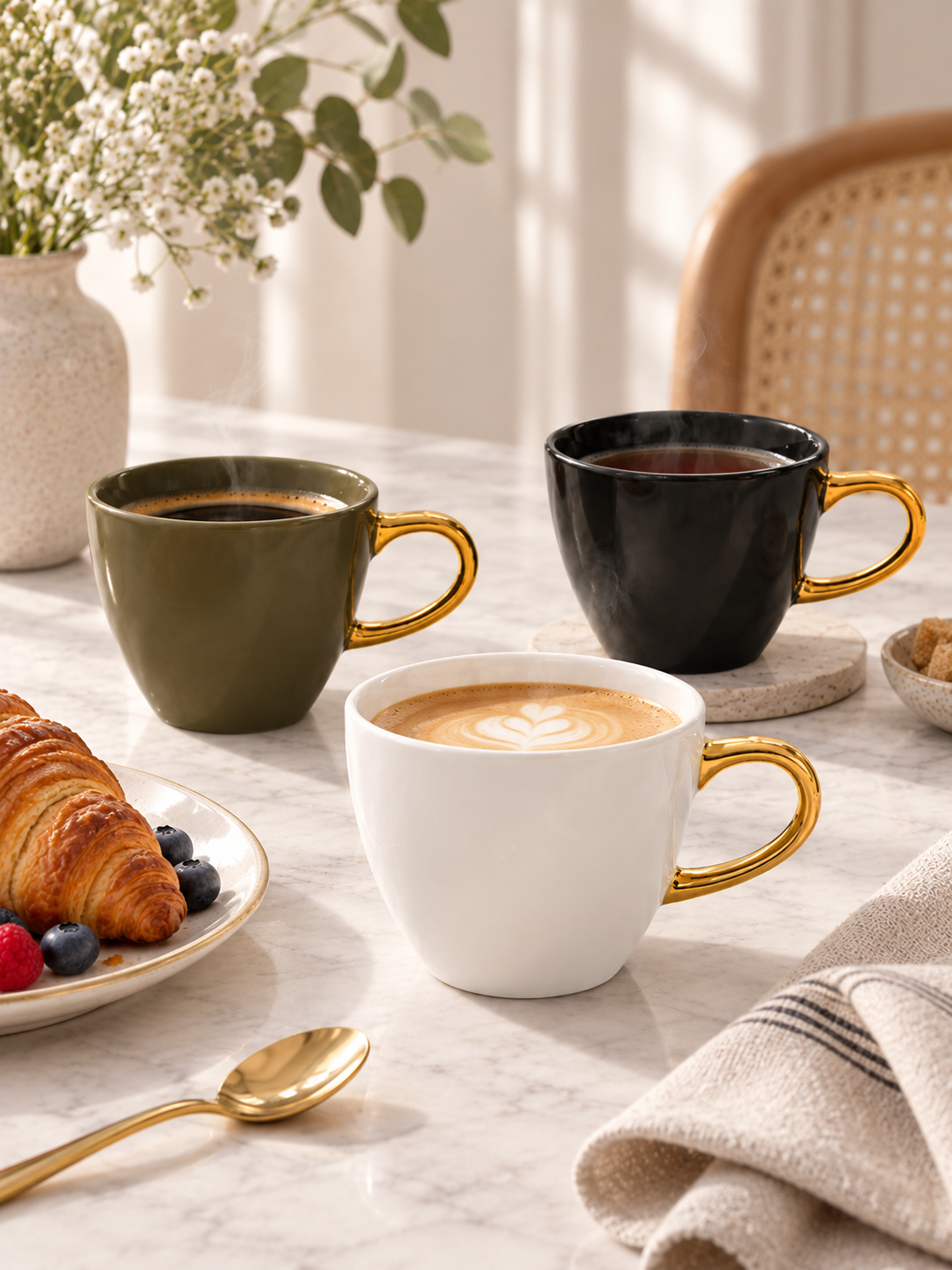 Good Morning Gold-Handle Coffee Cups, Set of 2