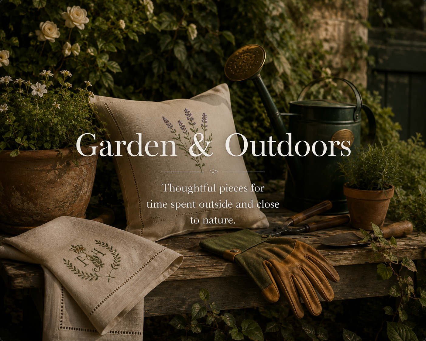 A garden setup with gardening tools, gloves, embroidered cloths, a pillow with lavender embroidery, potted plants, and a watering can on a wooden table, with greenery and flowers in the background.