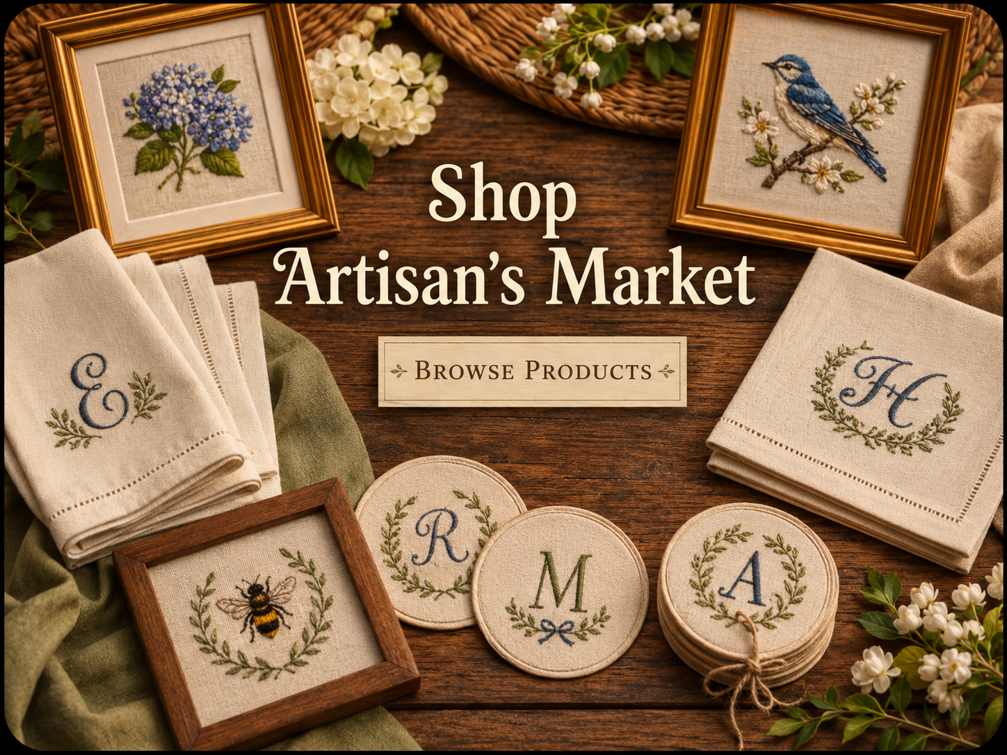 Display of embroidered home decor items, including framed artworks of a blue hydrangea and a bluebird, embroidered towels with initials 'E' and 'H', and round embroidered coasters with initials 'R', 'M', and 'A', surrounded by white flowers and greenery on a wooden table.