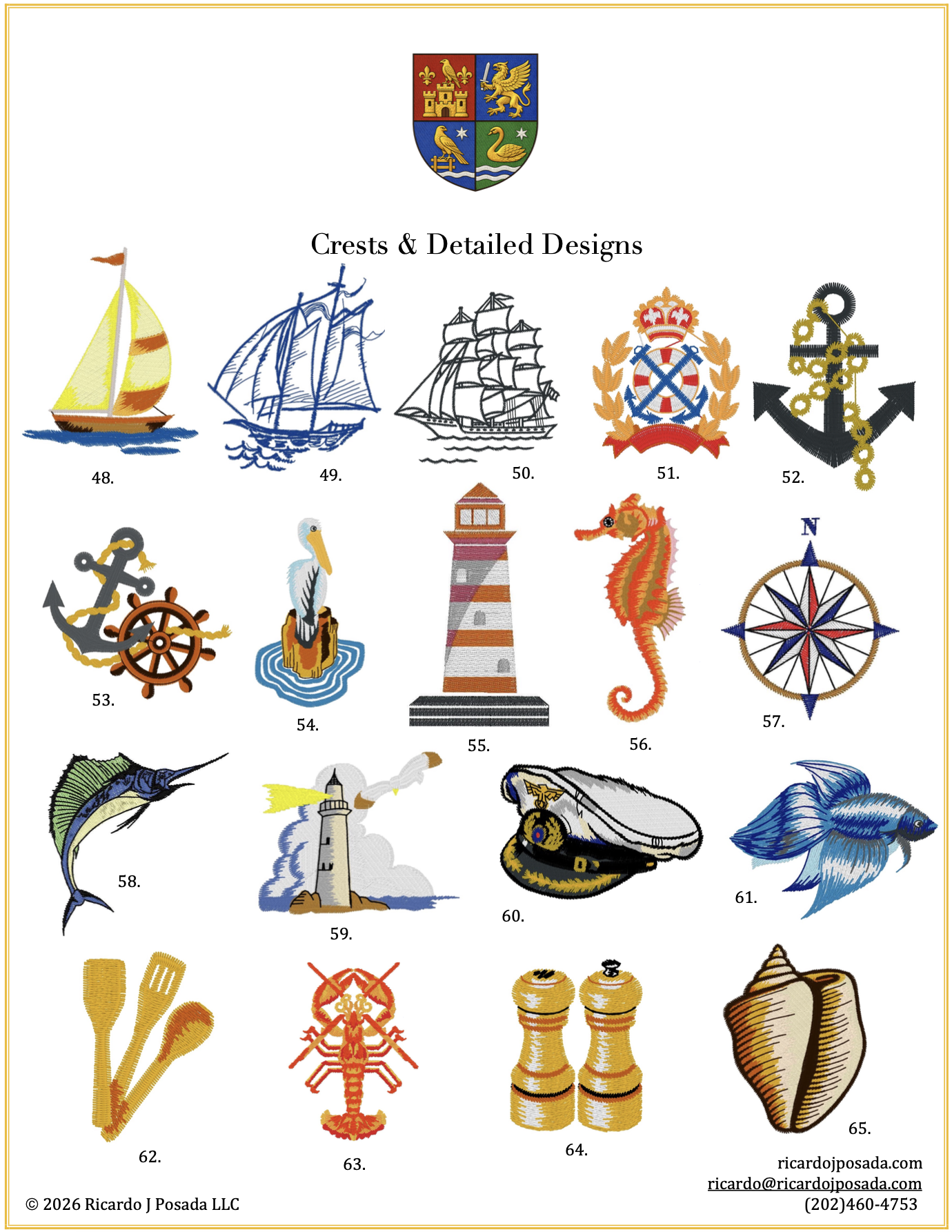 Collection of embroidered naval and maritime symbols, including ships, anchors, a lighthouse, a seahorse, a compass, a fish, a shell, and other nautical designs, labeled with numbers