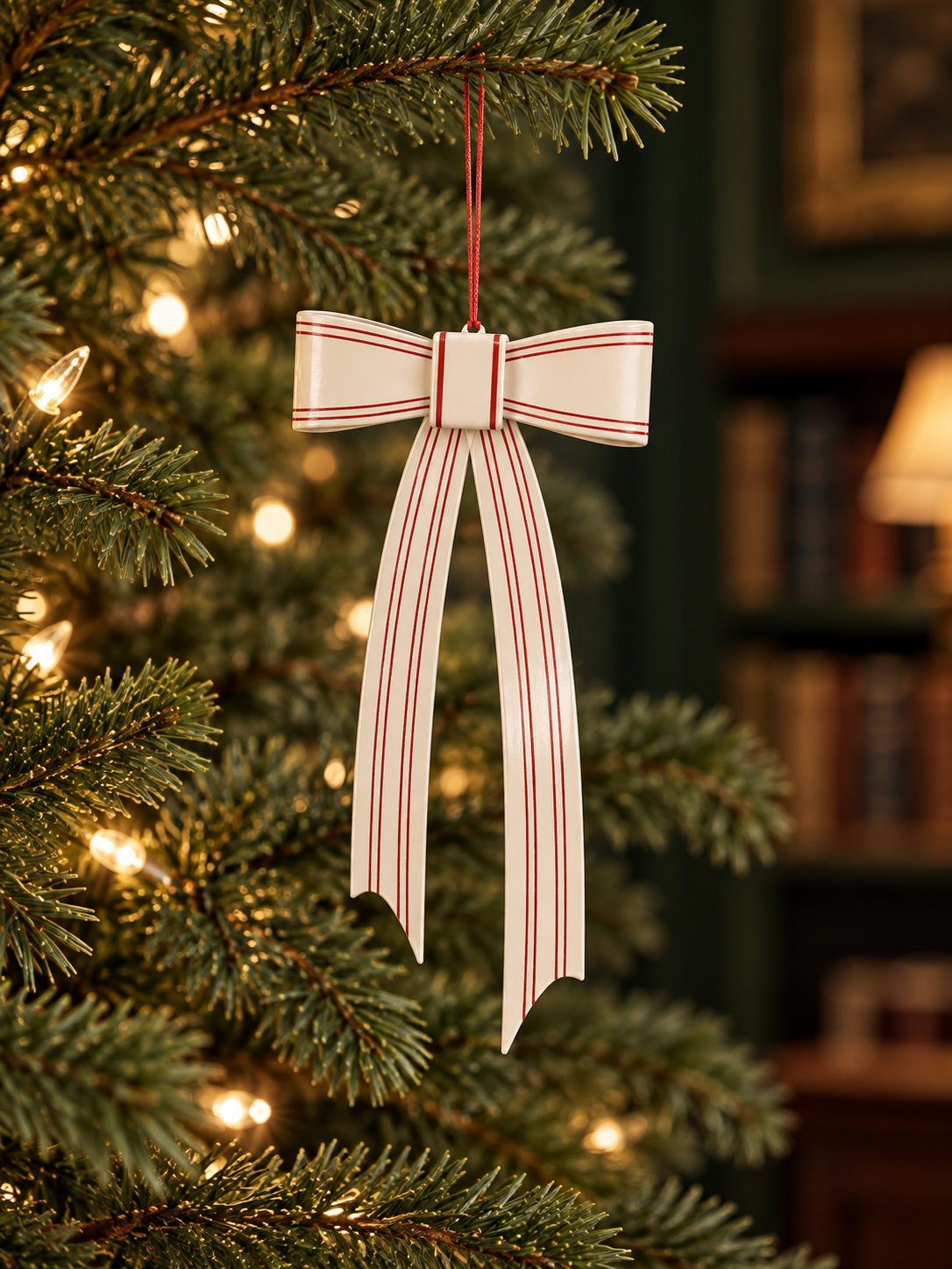 Red-striped white bow ornament on evergreen-2.png