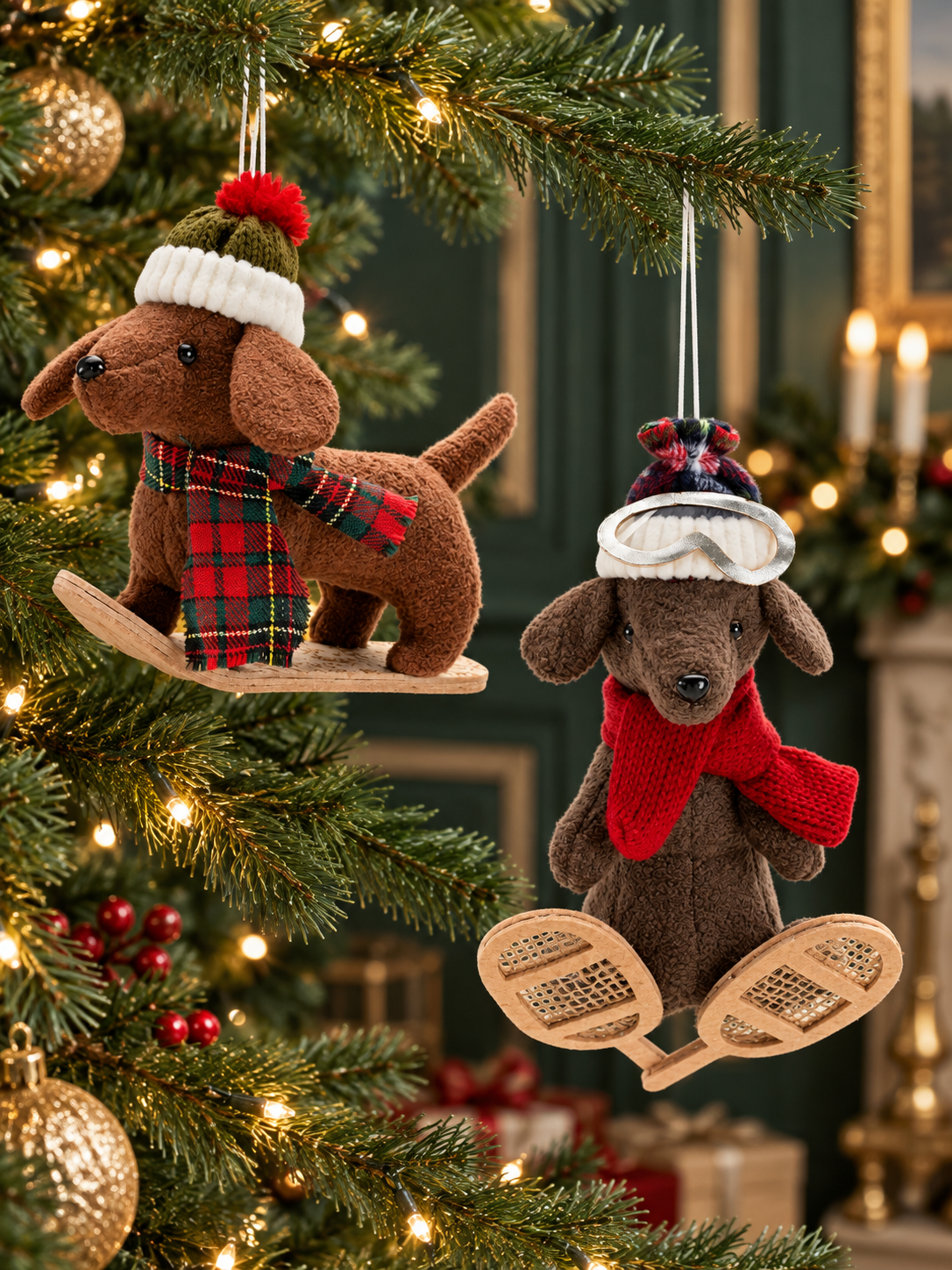 Tartan plush dog ornaments on fir branches-1.png
