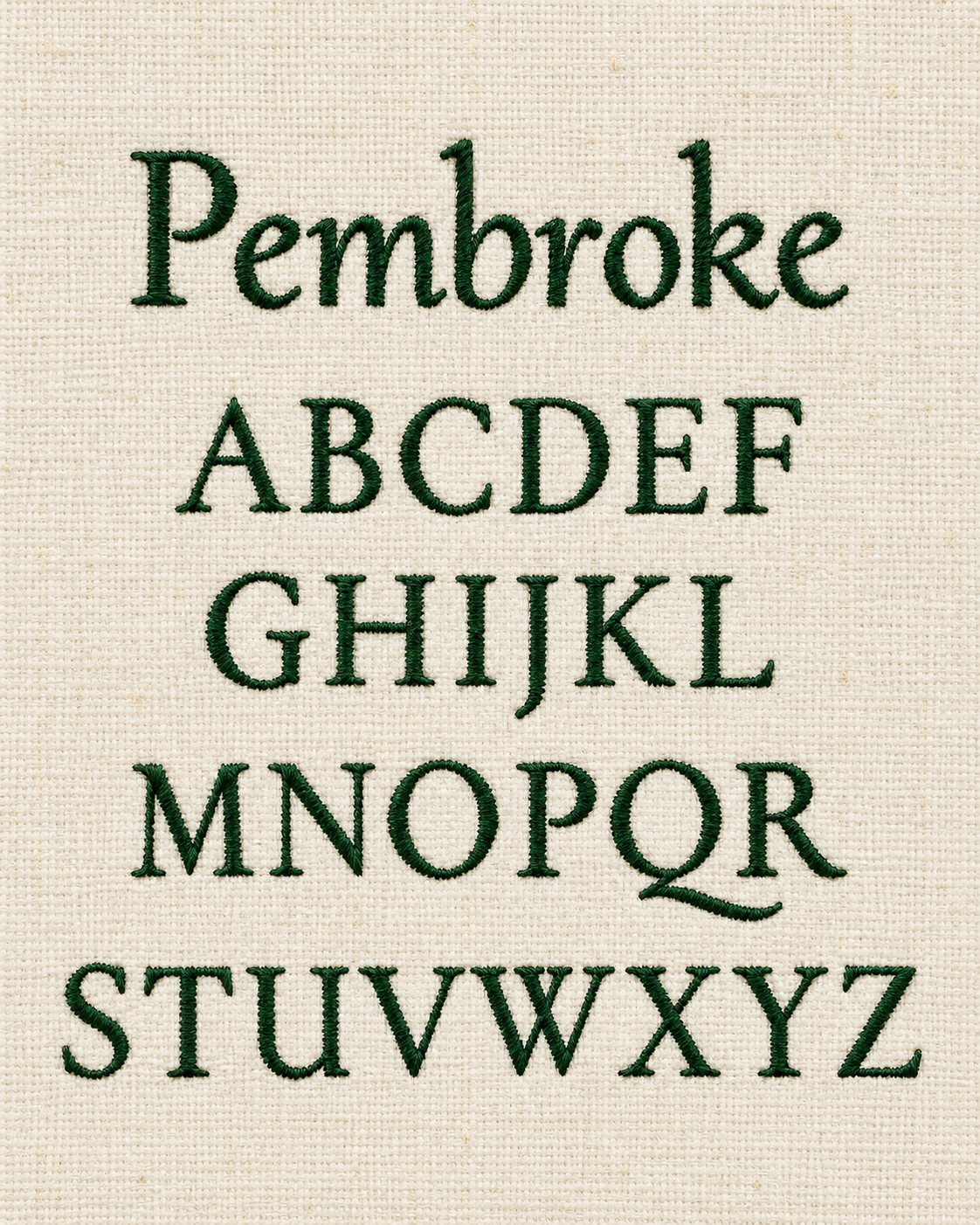 Embroidery of the alphabet from A to Z on a beige fabric background.