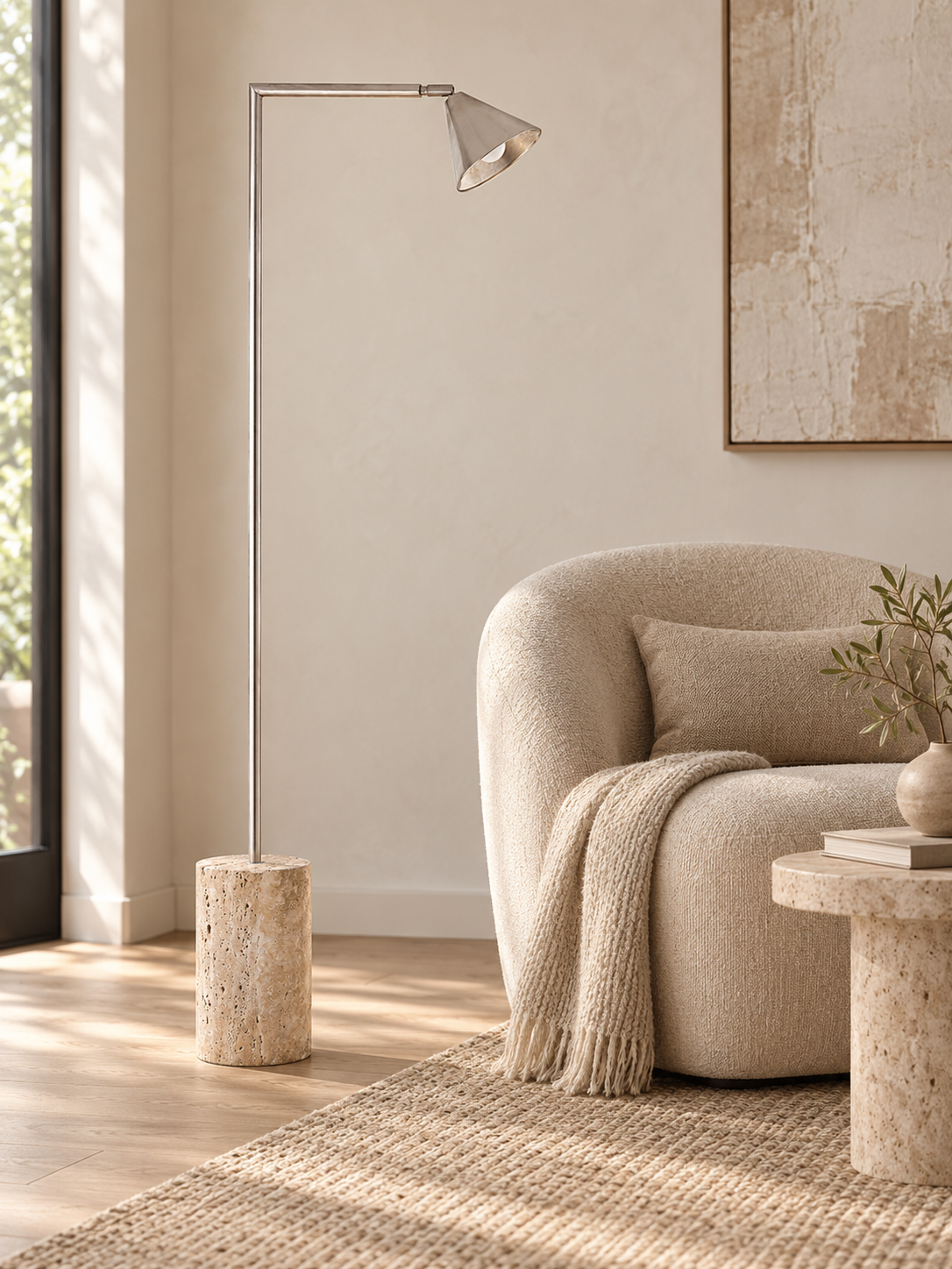 Brushed Nickel Floor Lamp with Travertine Base