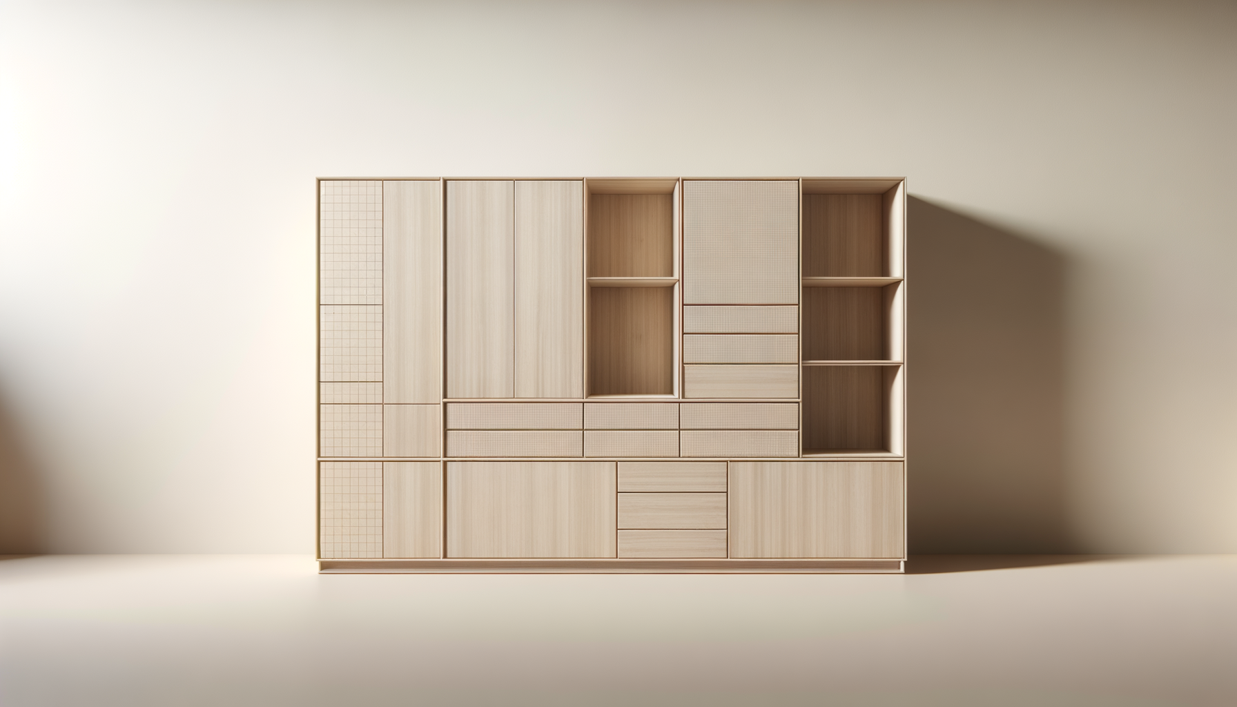 A modern, light wood storage unit with multiple open and closed compartments, placed against a plain wall.