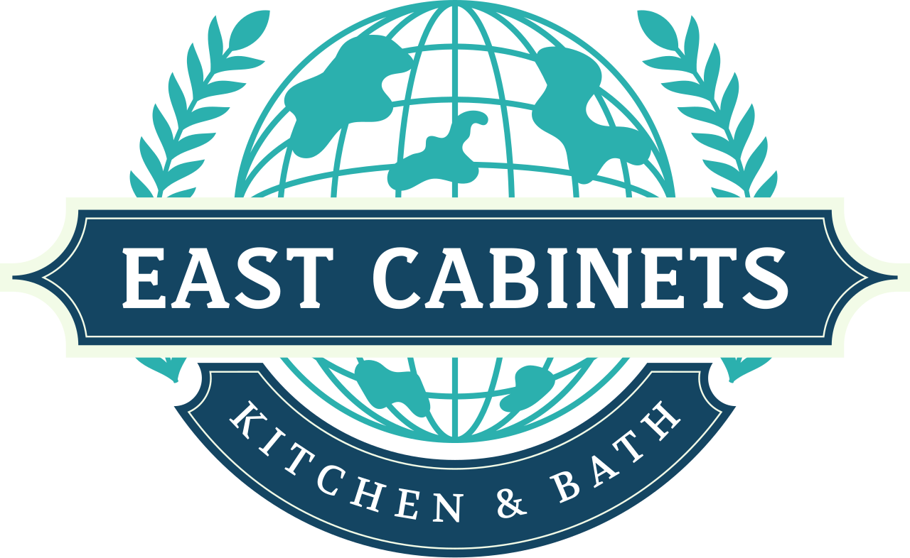 A logo with a globe surrounded by laurel branches, featuring the text "East Cabinets" and "Kitchen & Bath."