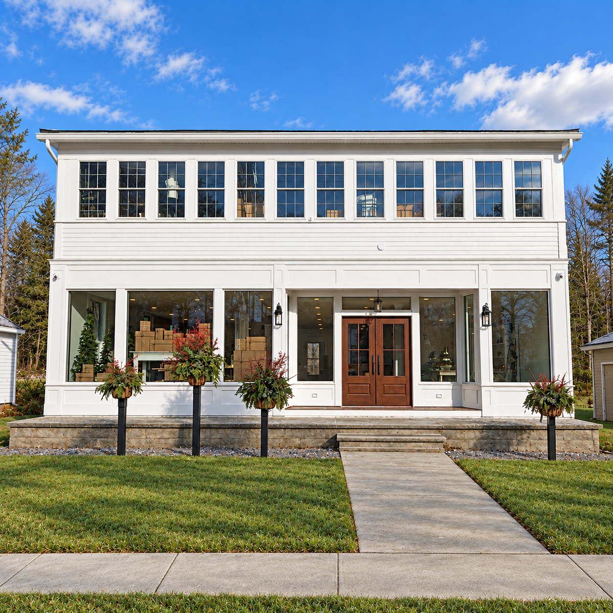 Symmetrical White Building with Lanterns and Planters.png