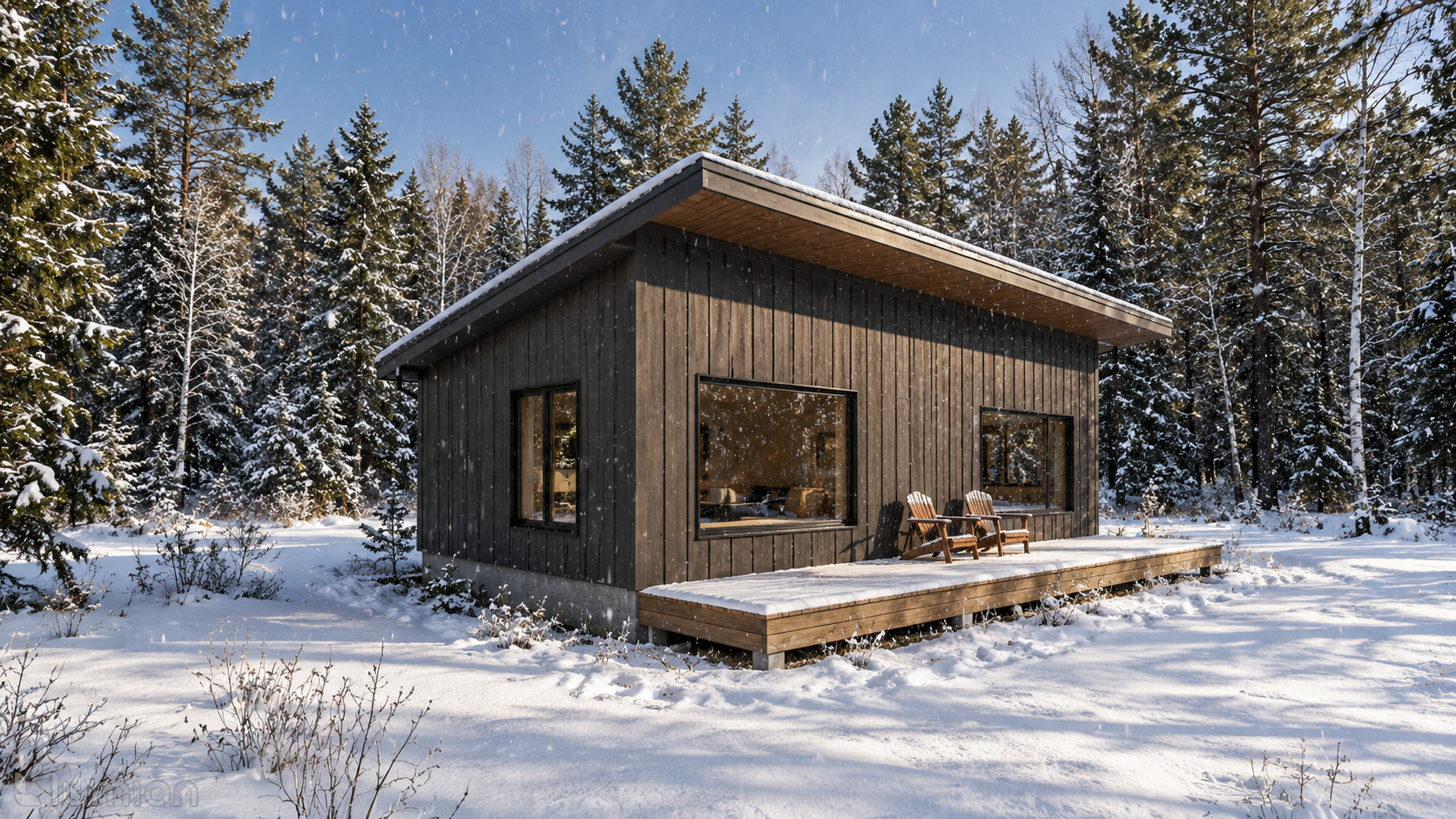 Snowy Modern Cabin in the Forest.png