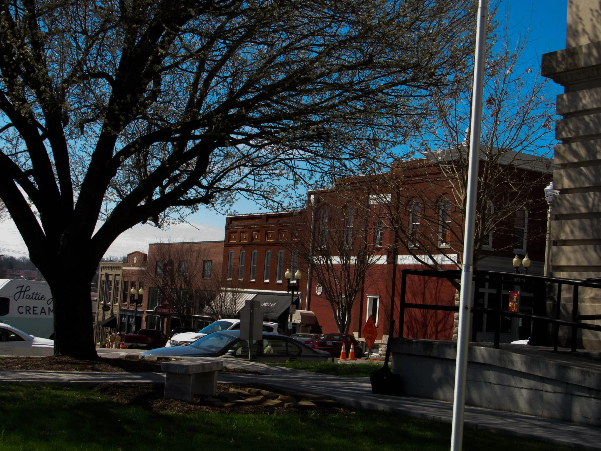 City street scene with buildings, parked cars, leafless trees, a sidewalk, a bench, and a blue sky.