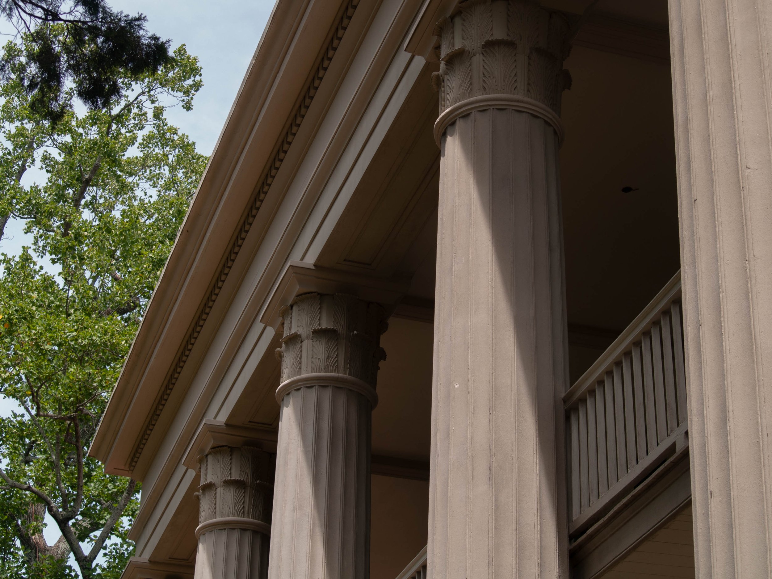 Close-up of the columns and architectural details of a classical building with a tree in the background.