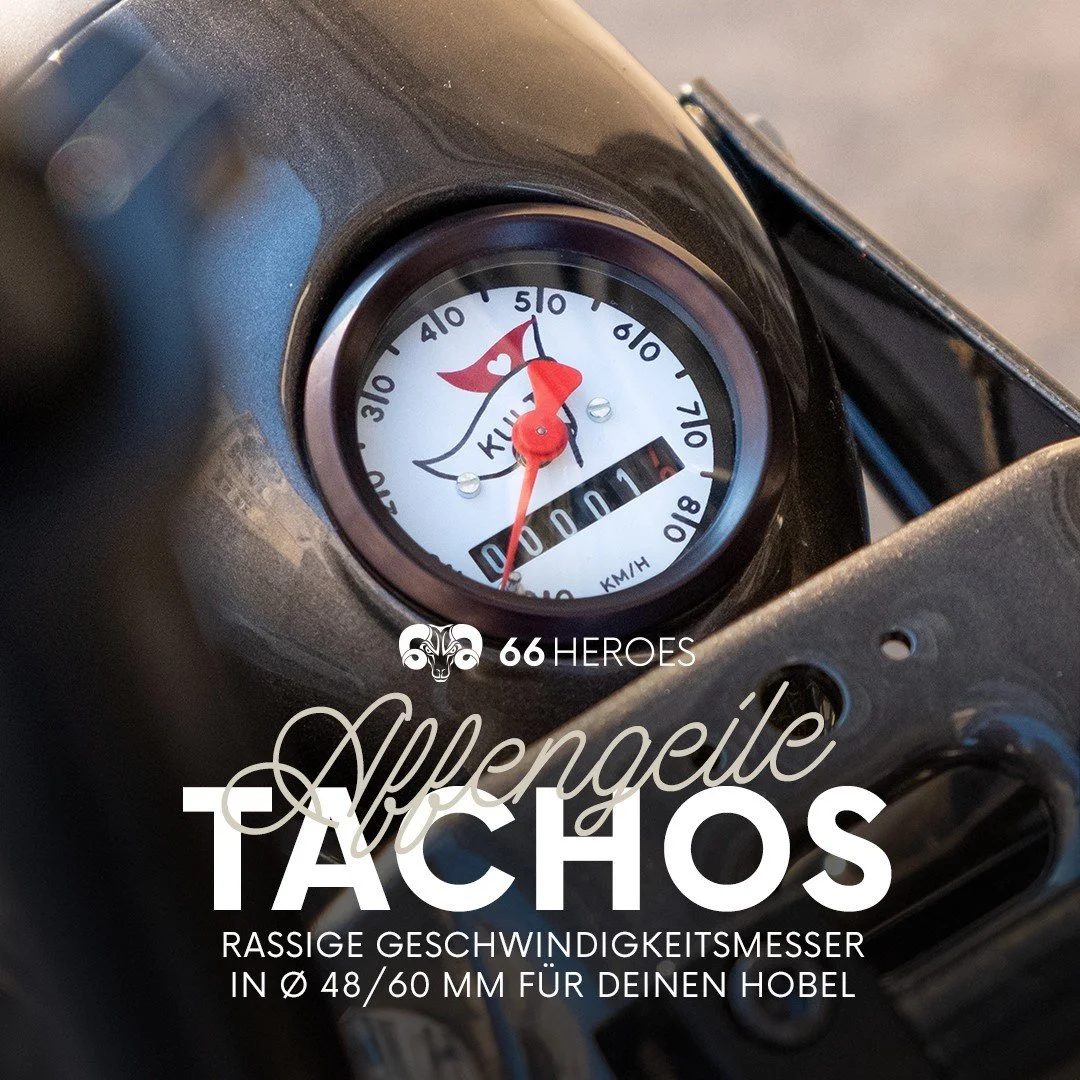 Ein Tacho auf einem Motorrad mit einem lustigen, piratenähnlichen Design, das einen roten Kopf und ein rotes Haar zeigt. Der Tacho hat eine maximale Geschwindigkeit von 60 km/h und zeigt derzeit 0 km/h. Es gibt auch eine Anzeige für Kilometerstand, die 0017 anzeigt. Darüber steht das Wort 'TACHOS' in großen Buchstaben, darunter eine Beschreibung, dass es sich um schnelle Geschwindigkeitsmesser mit einem Durchmesser von 48 oder 60 mm für einen Hobel handelt.